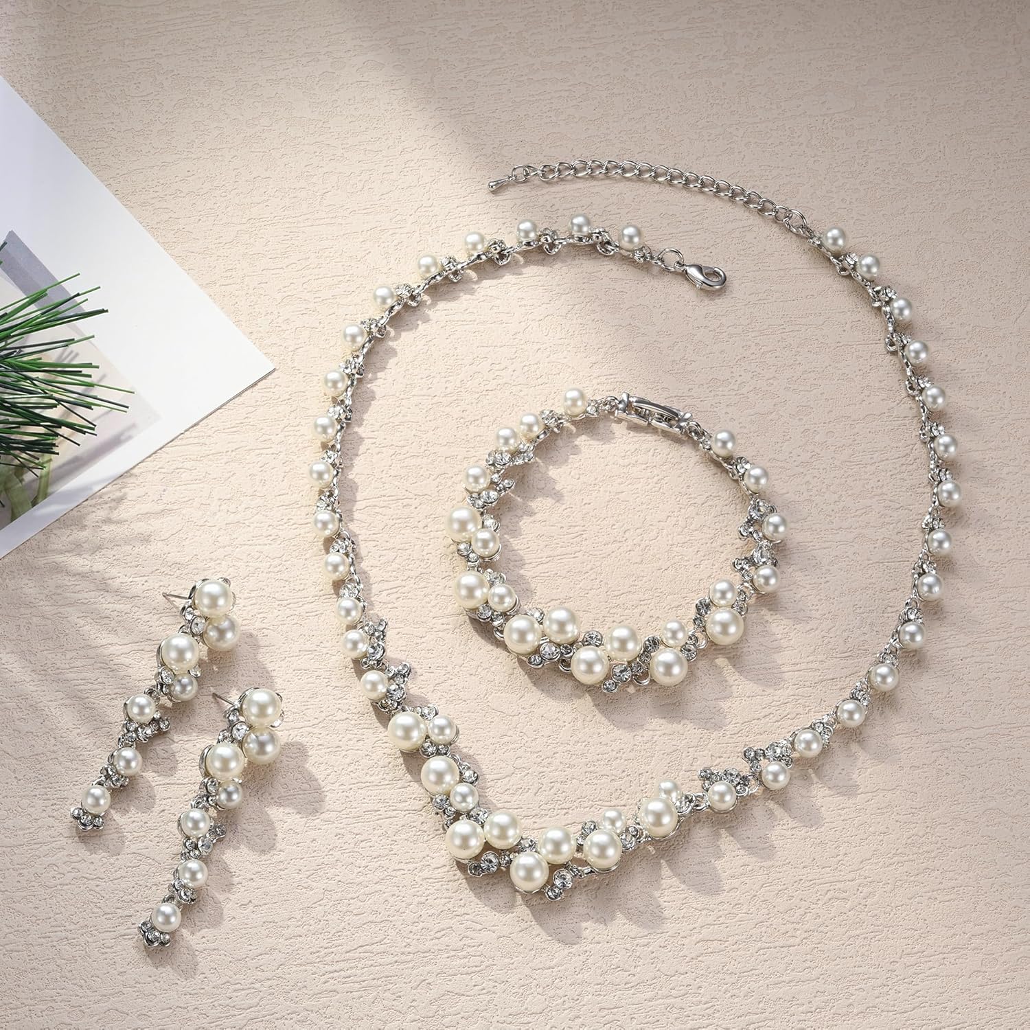 EVER FAITH Simulated Pearl Crystal Bridal Necklace Earrings Bracelet Set Clear