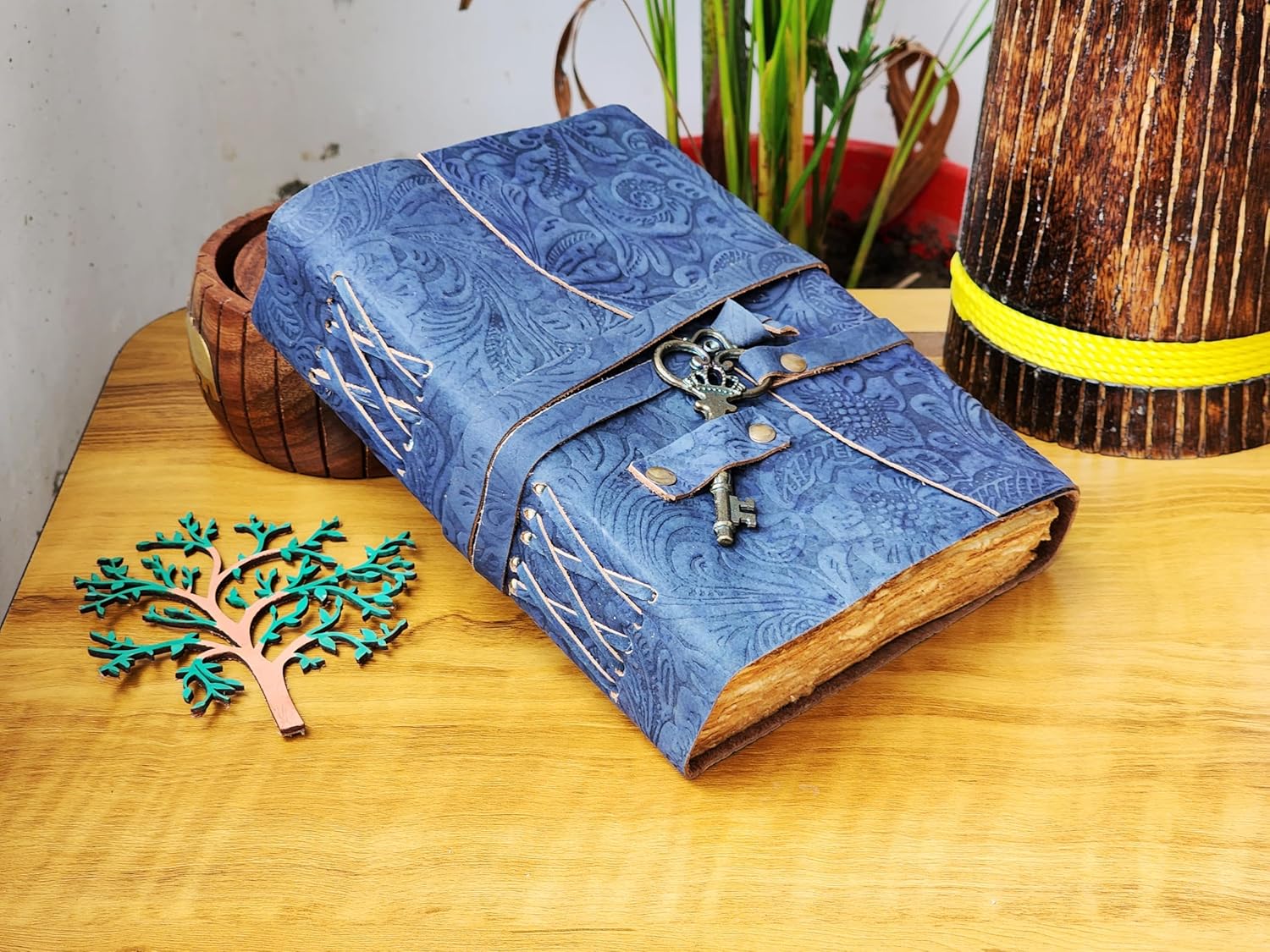 Vintage Key Leather Journal, Antique Leather grimoire -Handmade Deckle Edge Vintage Paper Leather Bound Journal Book of Shadows Leather Sketchbook Drawing Journal (Blue)