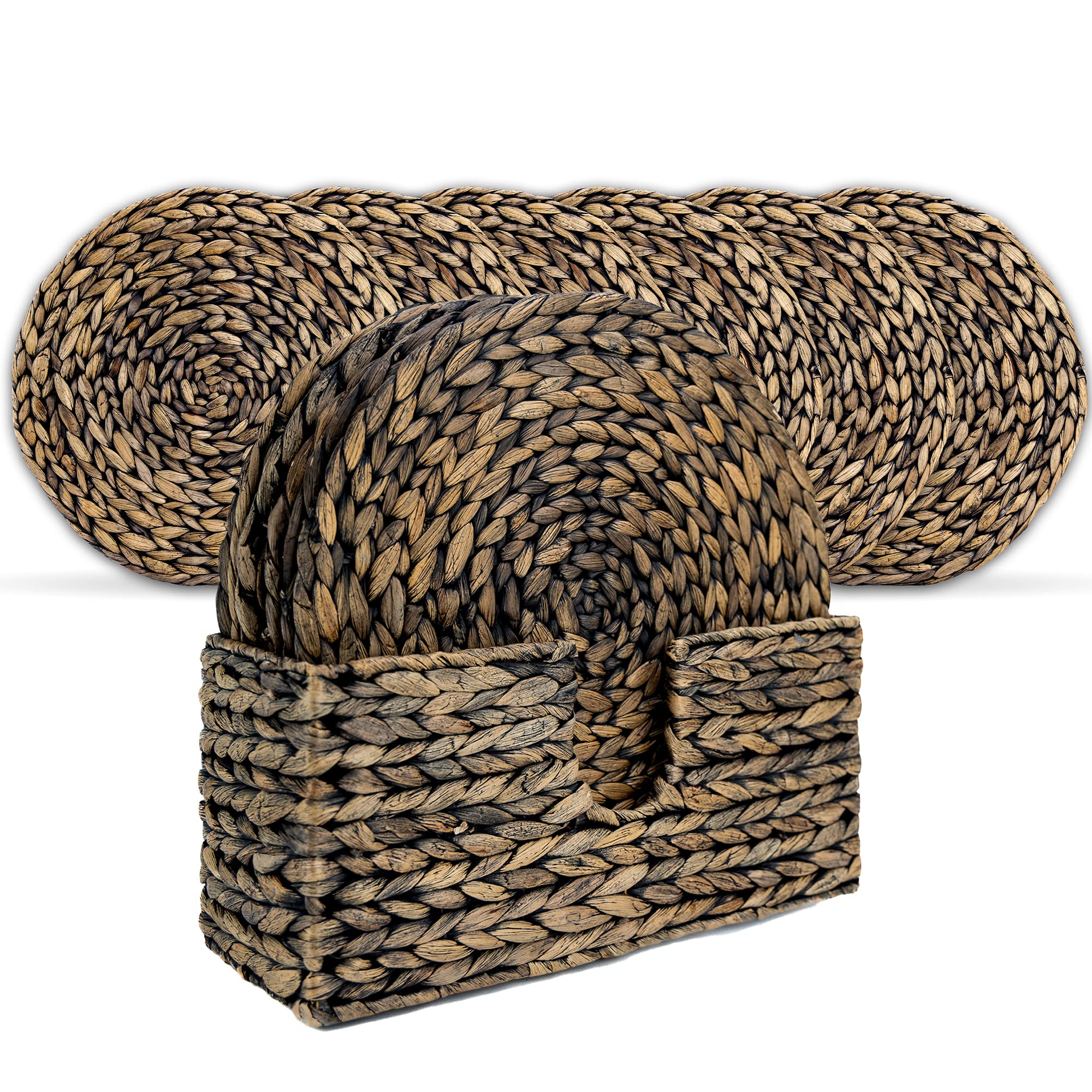 Wovanna Woven Black Placemats for Dining Table Set of 6 Thick Rustic Round Kitchen Placemats with Decorative Tall Holder All Natural Wicker Tablemats Hand-Braided from Water Hyacinth 13"