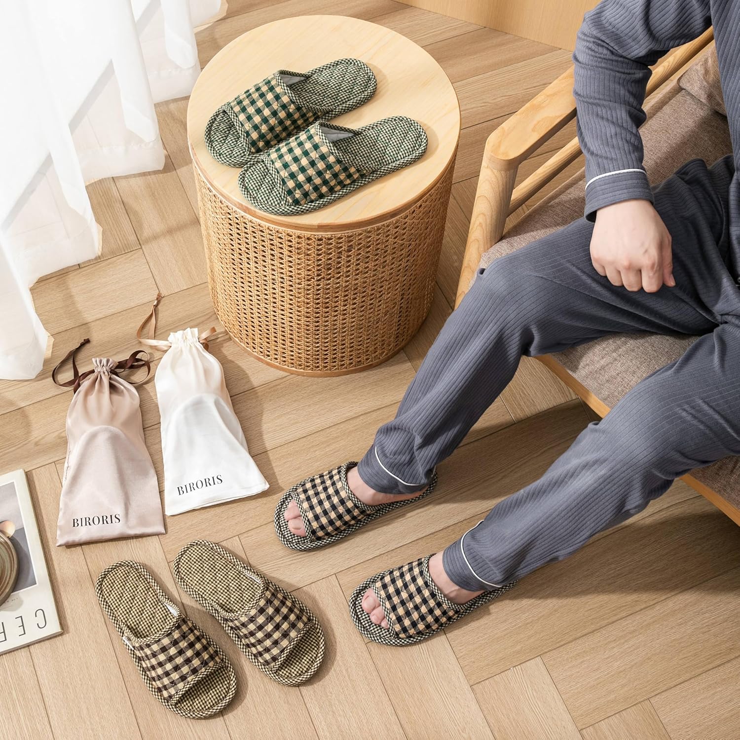 3 Pairs Plaid House Slippers for Men, Open Toe Indoor Slippers Comfortable Washable Portable Foldable Guest Travel Hotel Airplane Spa Slippers - Image 5