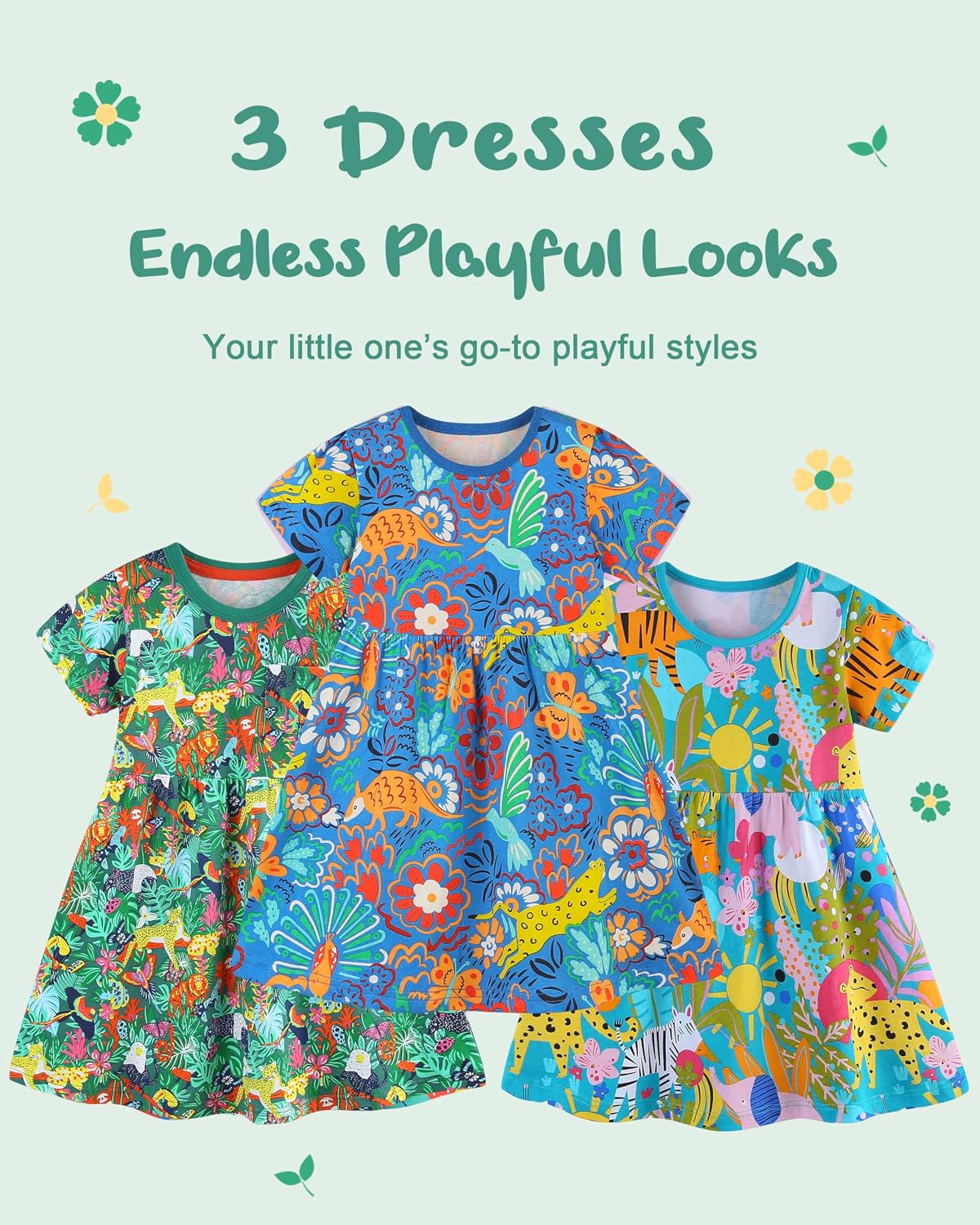 BeiVSlley Toddler Girls Dresses 3-Pack | Cotton Short Sleeve Summer Dress with Twirl Skirt | Cute Cartoon Sundress 2-7T