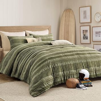 Wonderful Army Green Comforter Set Queen Size, Yarn Dyed Farmhouse Striped Cotton Lightweight Boho Comforter with Pillow Shams, Fluffy Bedding Set for All Season