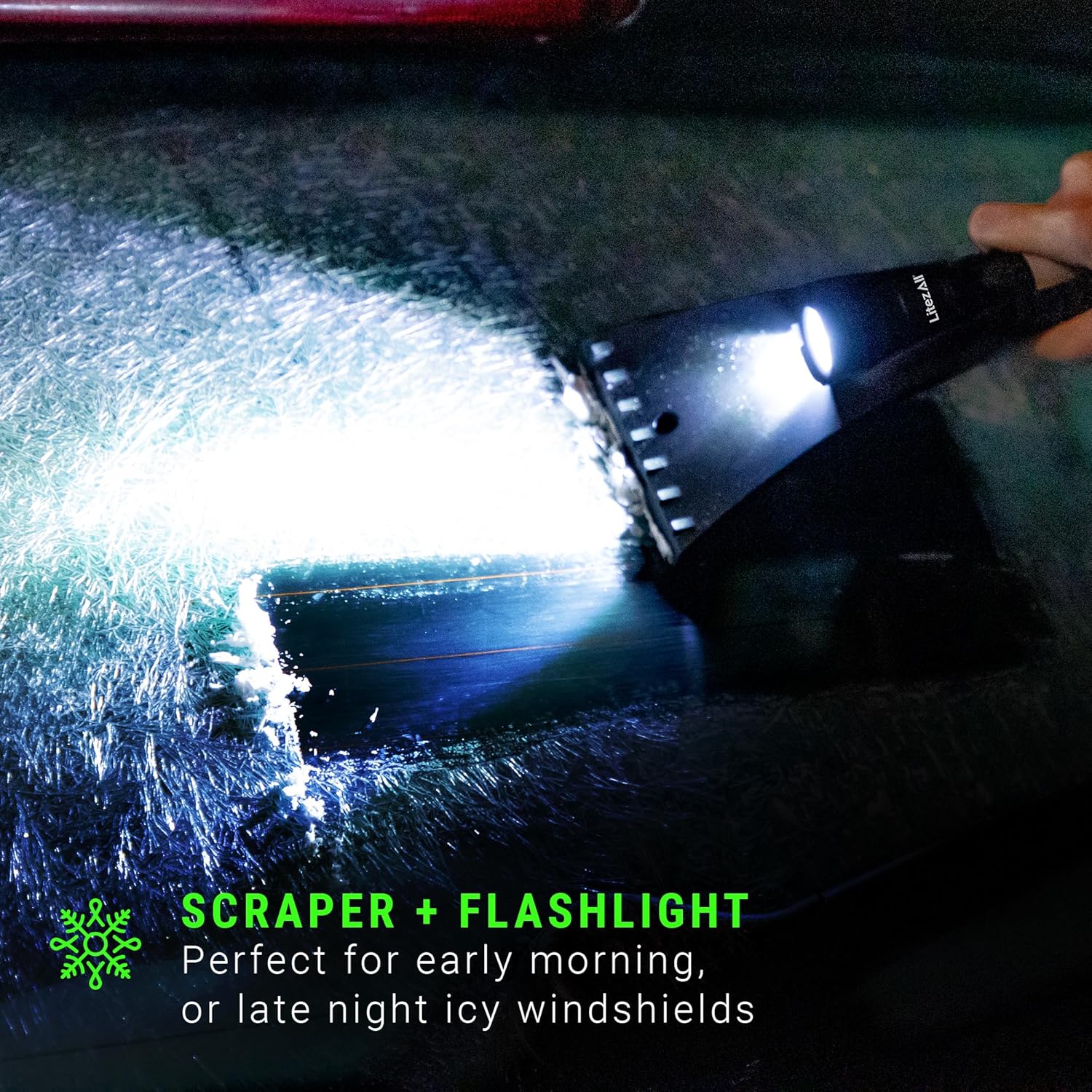 LitezAll Icy Light Ice Scraper with Removable Utility Flashlight | 200 Lumen Magnetic COB LED Work Light | Heavy Duty Winter Auto Tool | 3 AAA Batteries Included