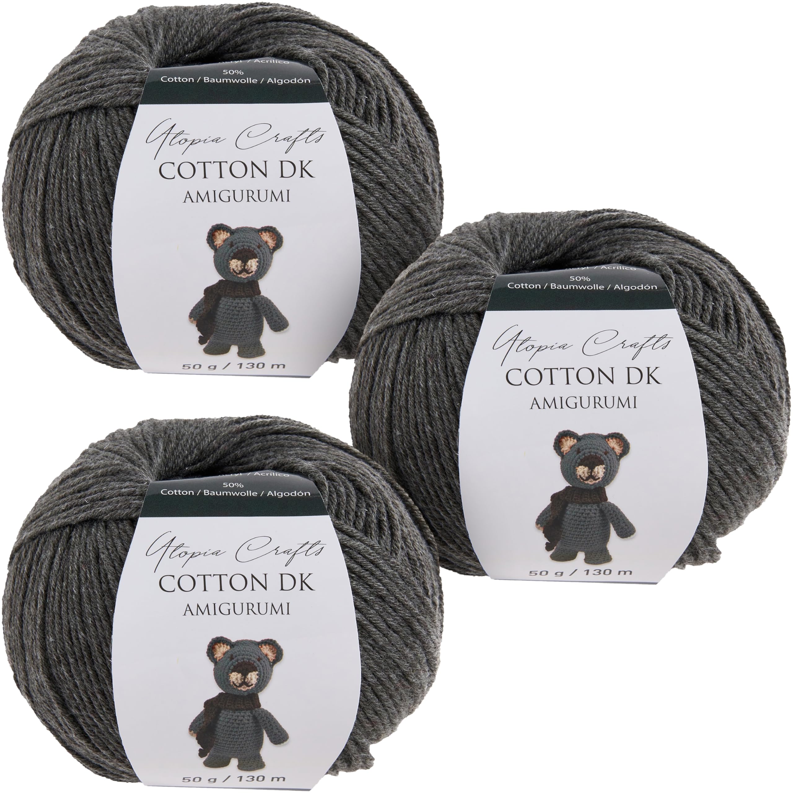 Utopia Crafts Amigurumi Cotton DK Yarn for Crochet and Knitting 50% Cotton, 50% Acrylic Blended, 3X 50g (Dark Grey)