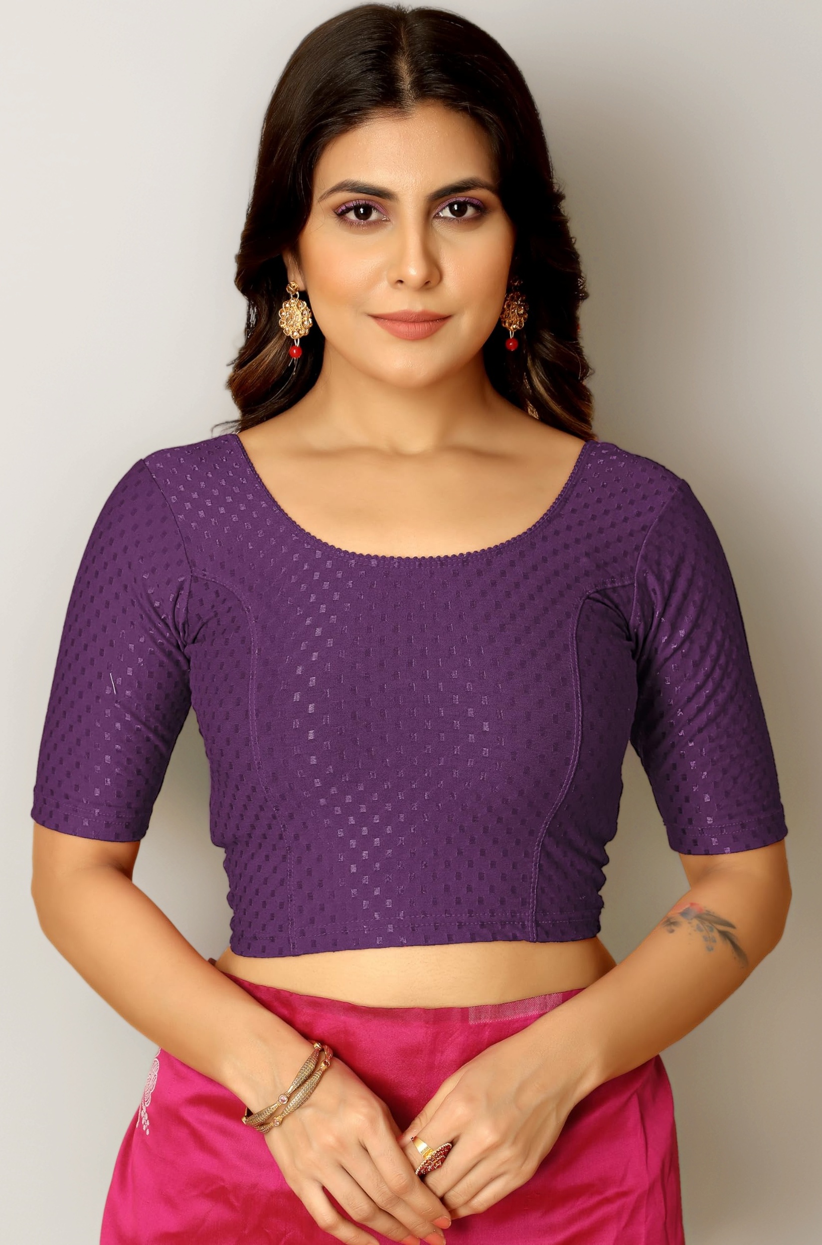 Round Neck Dobby Cotton Lycra Stretchable Elbow Half Sleeve Readymade Saree Blouse for Women Stylish