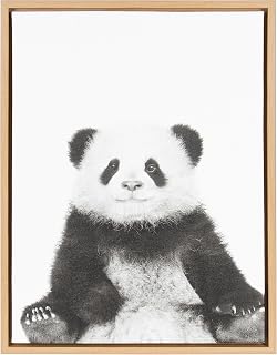 Kate and Laurel Sylvie Panda Animal Print Black and White Portrait Framed Canvas Wall Art by Simon Te Tai, 18x24 Natural