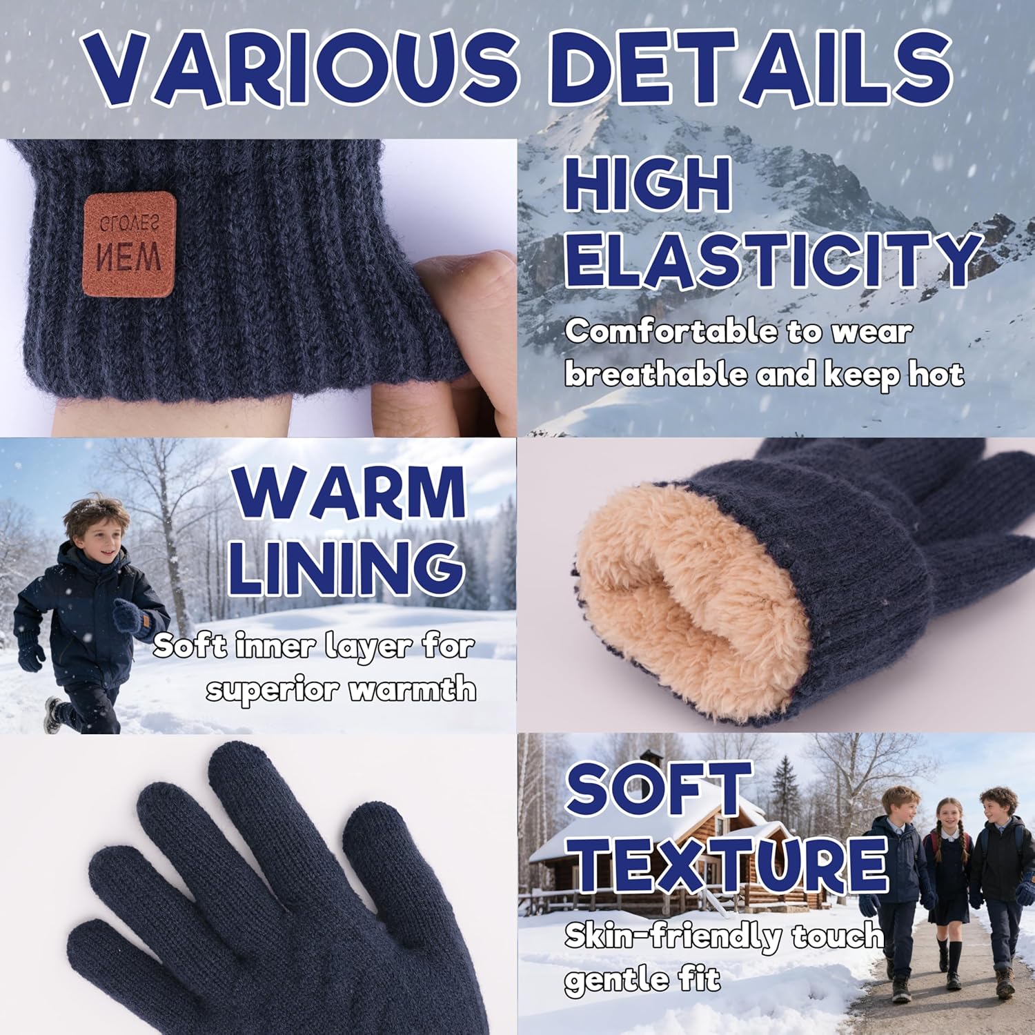 Kids Gloves Winter Thermal Double-Layer Knit Wool Fleece Lined Touchscreen for Boys Girls 4-18 Years Cold Weather - Image 4