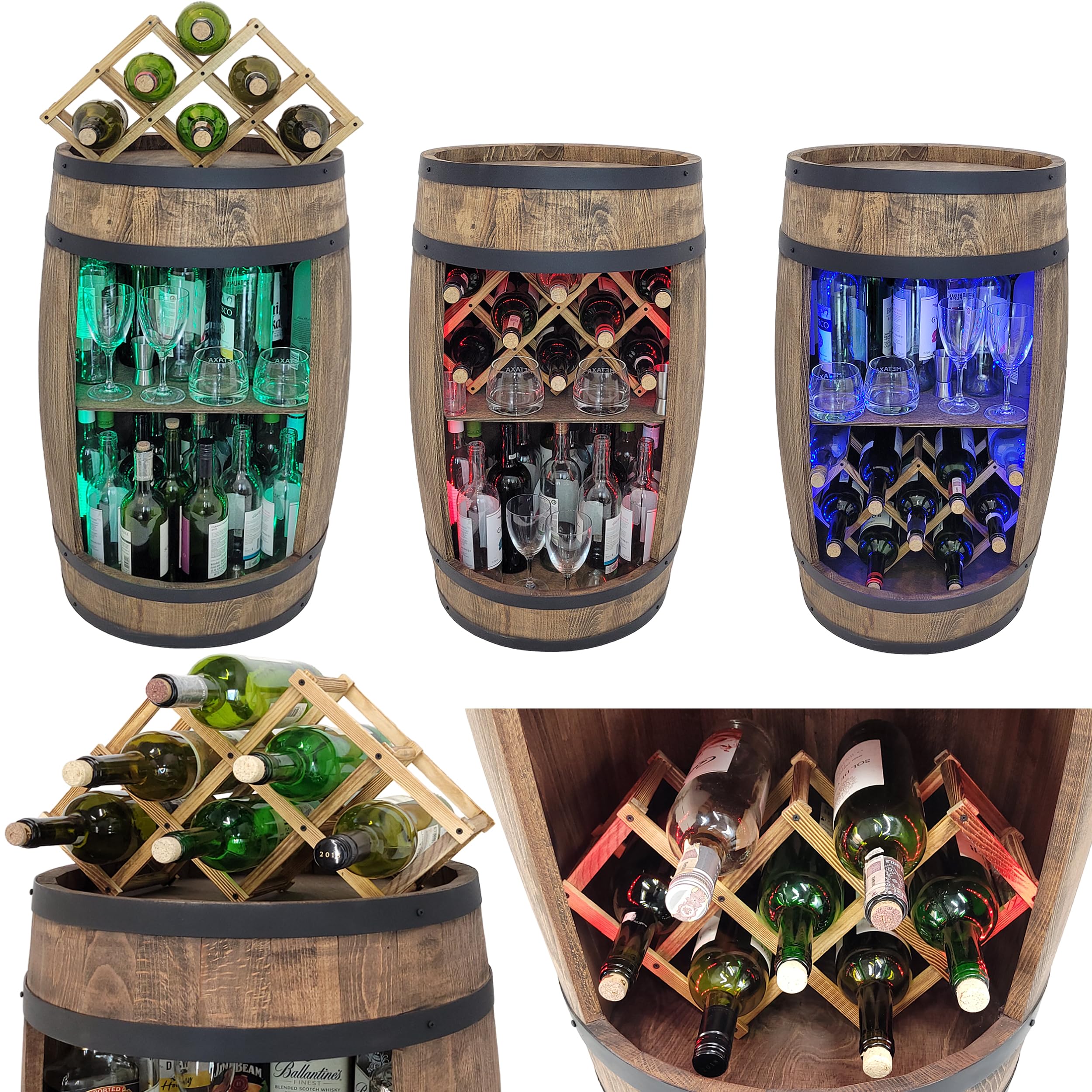 WEECO Tonneau Bar en Bois avec Éclairage LED RGB – Casier à Vin avec 2 Étagères et Porte-Bouteilles – Bar Meuble Rustique – 80x50cm – Marron Foncé