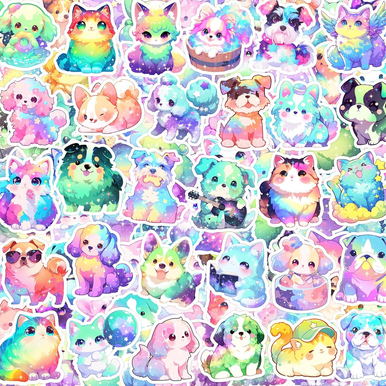 100 Pcs Holographic Rainbow Dog and Cat Stickers for Kids Adults