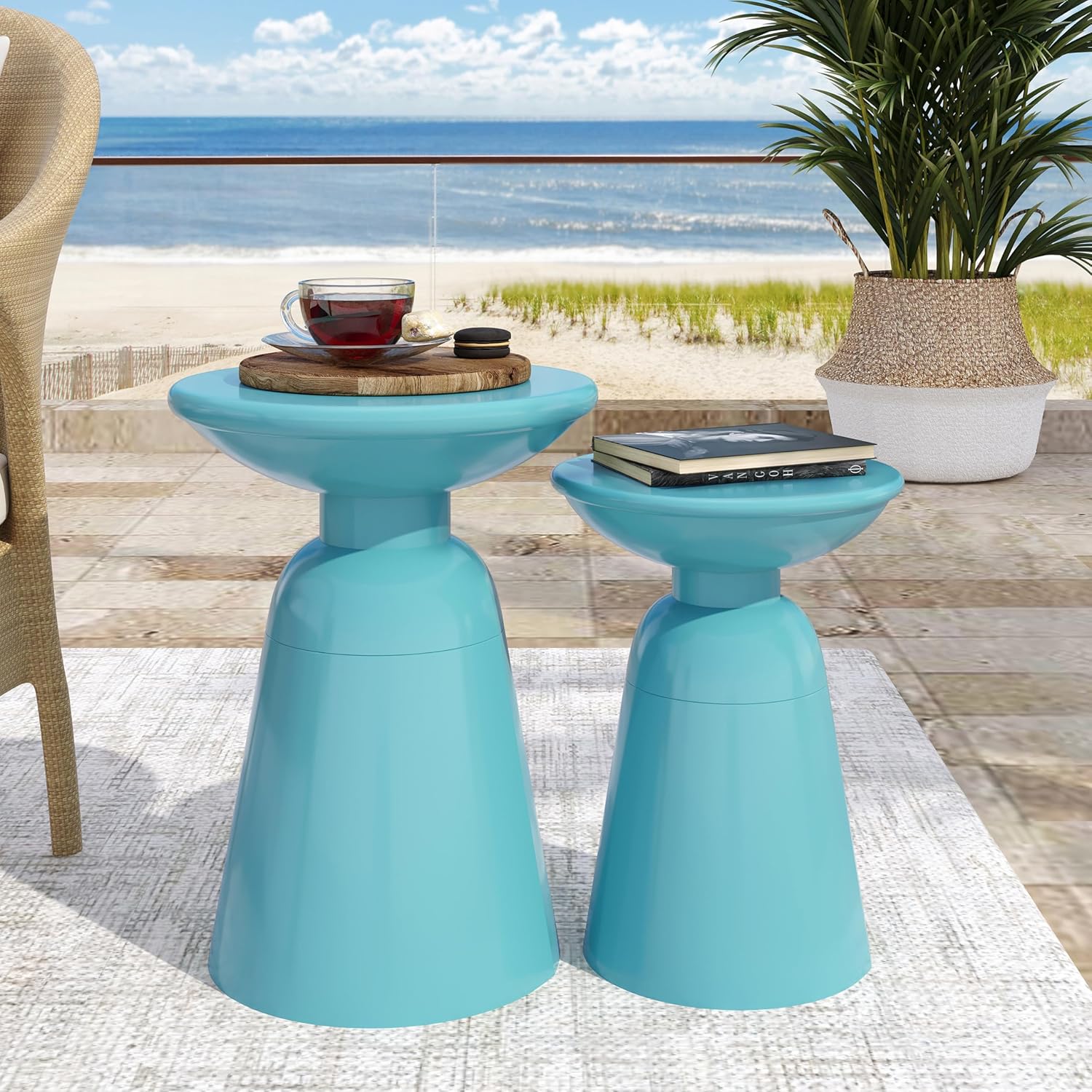 15" Powder-Coated Iron Set of 2 Outdoor Farmhouse Coffee Table, Elegant Farmhouse Coffee Tables with Pedestal, Stylish Refined Tea Table for Patio, Teal