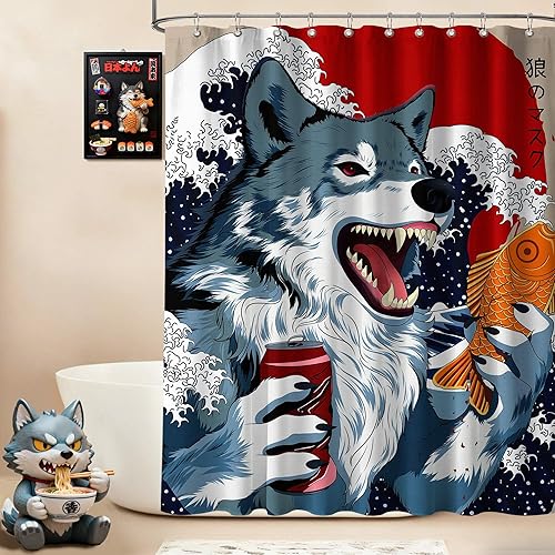 Miniatura 33 de Divertida cortina de ducha con diseño de gato japonés para juegos de decoración de baño, tela de tela impermeable con ganchos, 70 x 72 pulgadas