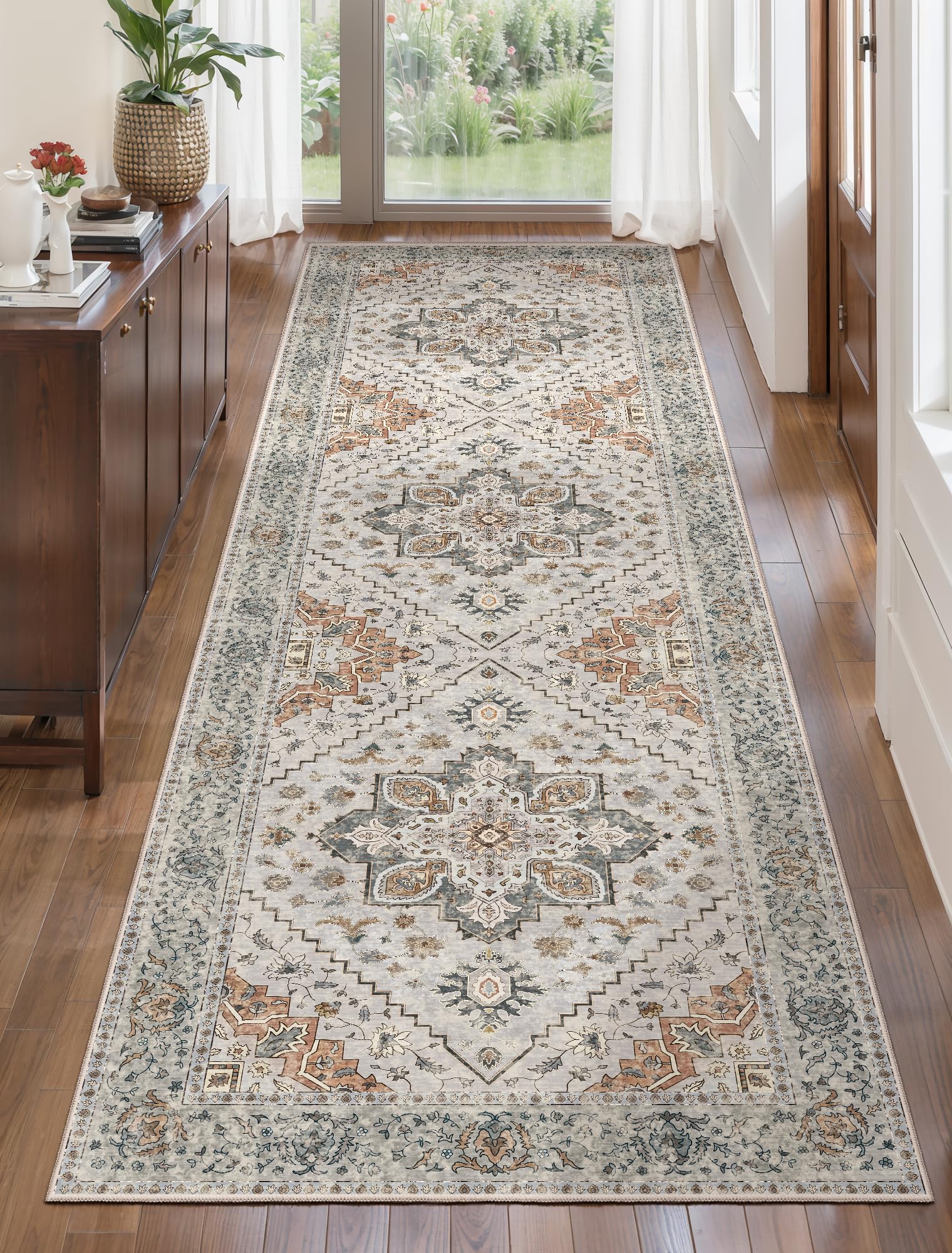 Tangsoo 2.6x8 Washable Runner Rug for Hallways, Non Slip Vintage Runner Rugs, Soft Low Pile Long Rugs Print Distressed Grey Carpet Runners for Kitchen