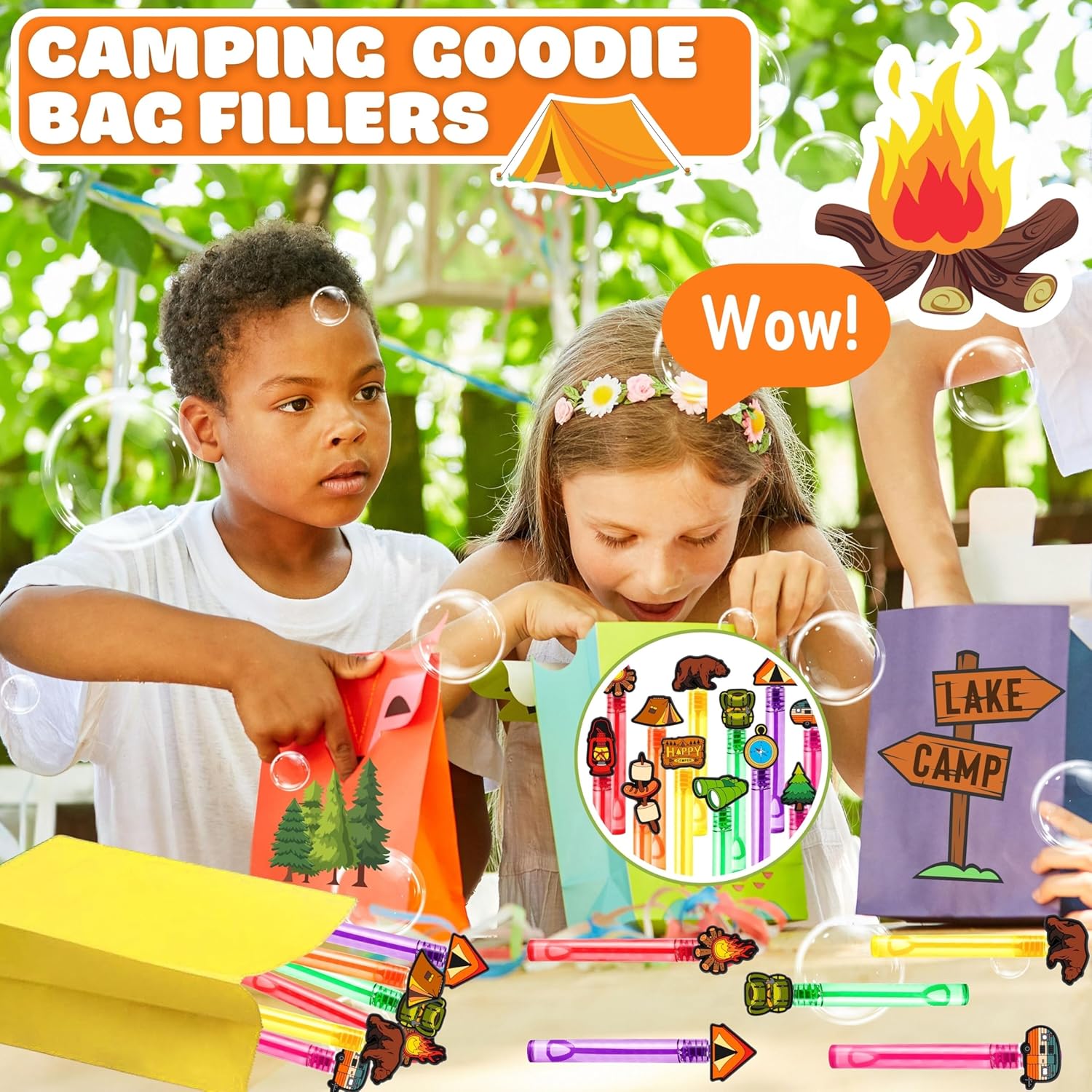 Camping Party Favors for Kids – 24PCS Outdoor Adventure Bubble Wands, Great for Birthday Supplies, Pinata Fillers, Goodie Bags & Classroom Rewards