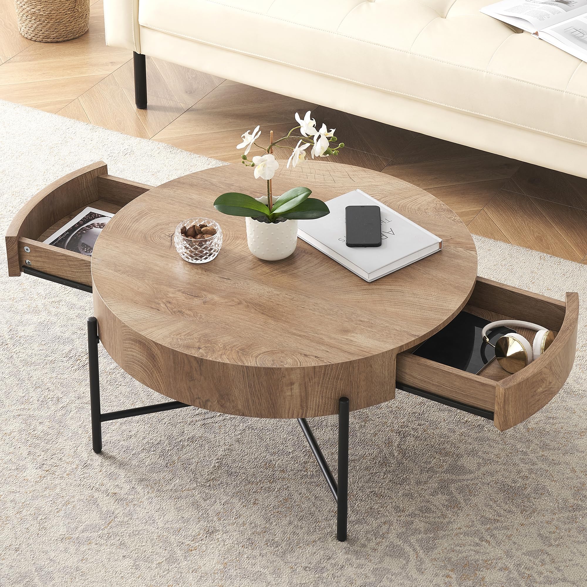 IDEALHOUSE Round Coffee Table Living Room Wood Center Table with Two Drawers Farmhouse Coffee Table Rustic Circle Cocktail Table Metal Legs, Easy Assembly, Natural /