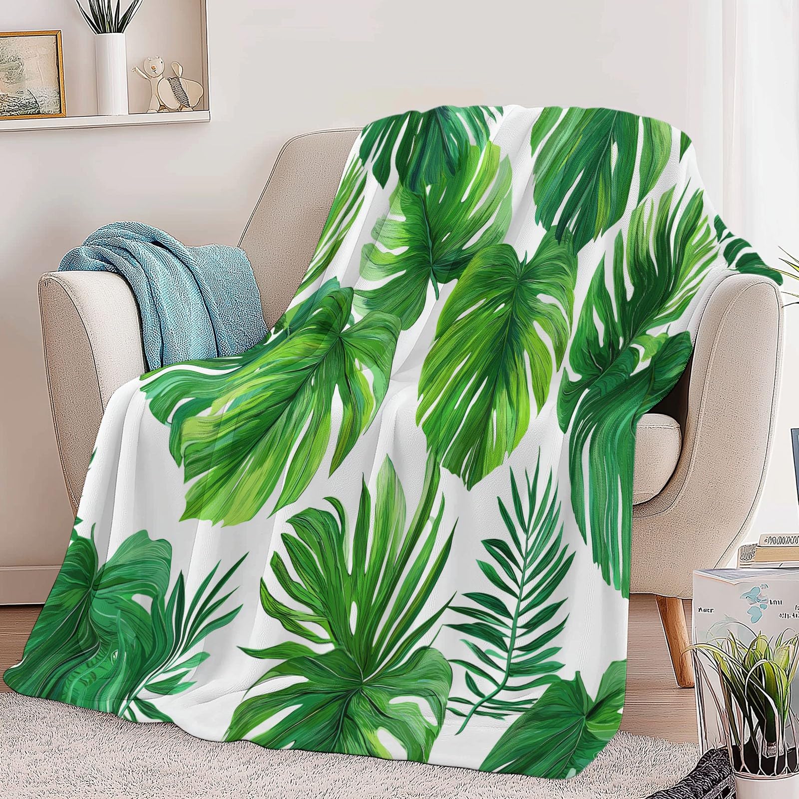 Coperta Plaid Pile in Flanella 180x220 cm Coperta Pile Piccola Tema Tropicale Verde Foglie, Morbida Soffice Calda Coperte per Divano Singolo Matrimoniale Letto Bianco
