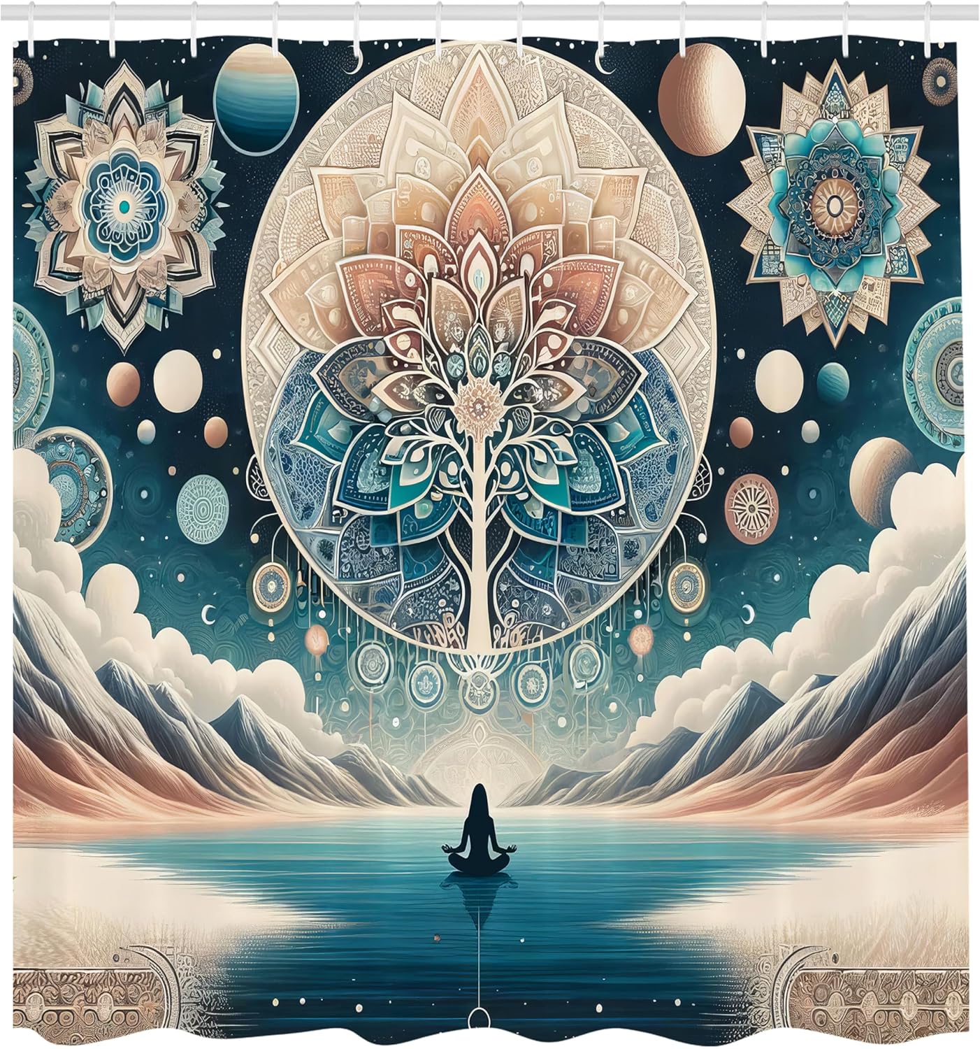 Ambesonne Mandala Shower Curtain, Ethnic Folk Art to Mystic Lands Arcane World Mountains of Universe, Cloth Fabric Bathroom Decor Set with Hooks, 69" W x 84" L, Dark Turquoise and Peach