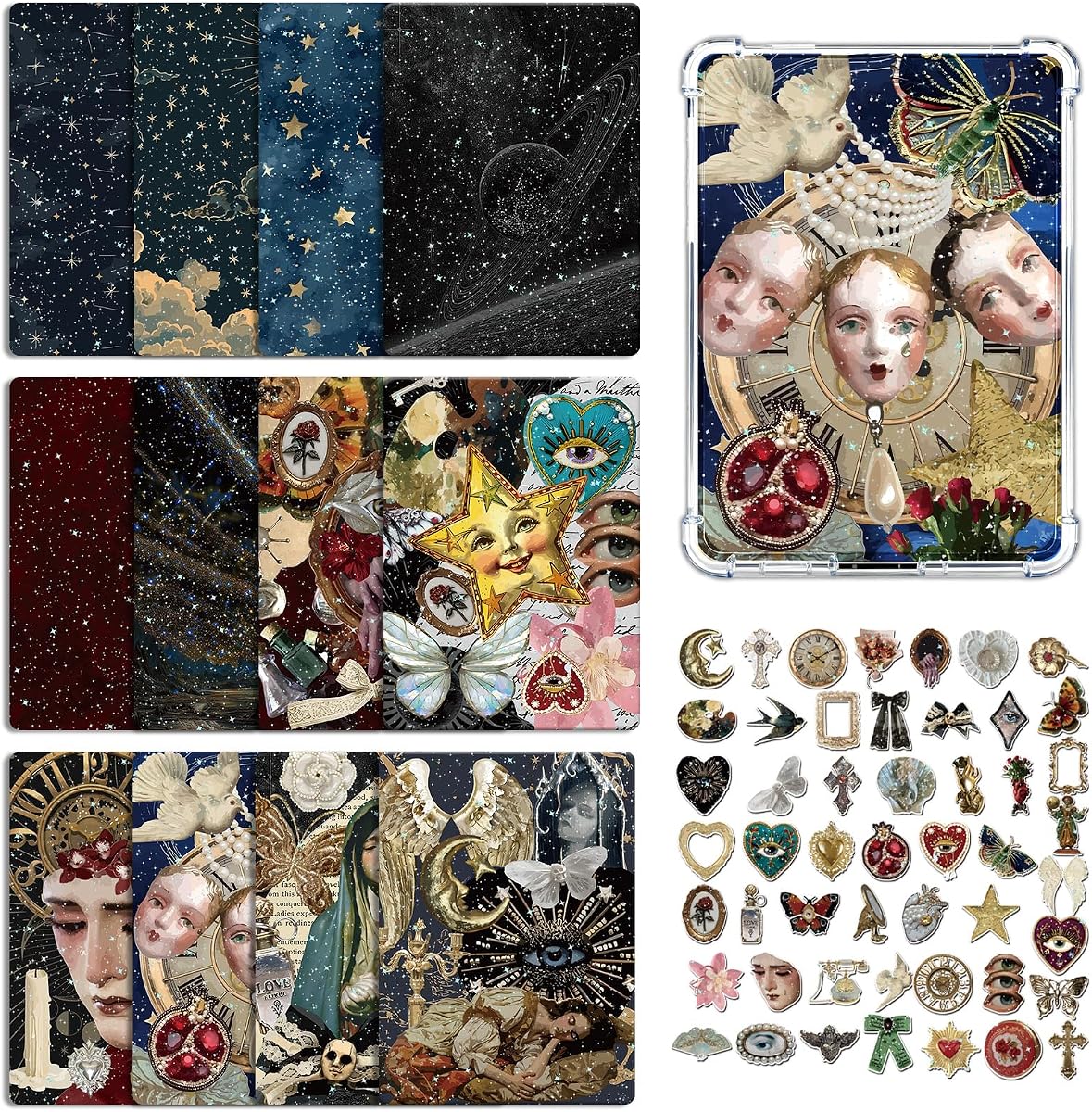 Rngmsi 62Pcs Dark Gothic Inserts Cardstock Stickers Set for Kindle Ereader | 12Pcs Insert Cardstock 6.9"X4.8", for Kindle Paperwhite 11th-12th, 50Pcs Holographic Stickers, Ereader Clear Case Accessories