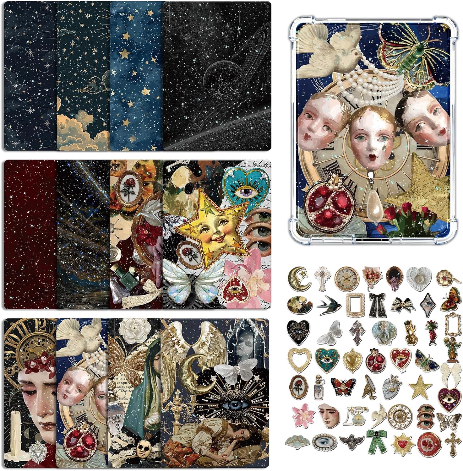 Rngmsi Insert Cardstock for Clear Case - 12Pcs Dark Gothic Cardstock Inserts Compatible with Kindle Paperwhite 11th-12th, 50Pcs Aesthetic Stickers for E-Reader Clear Back Cover Accessories