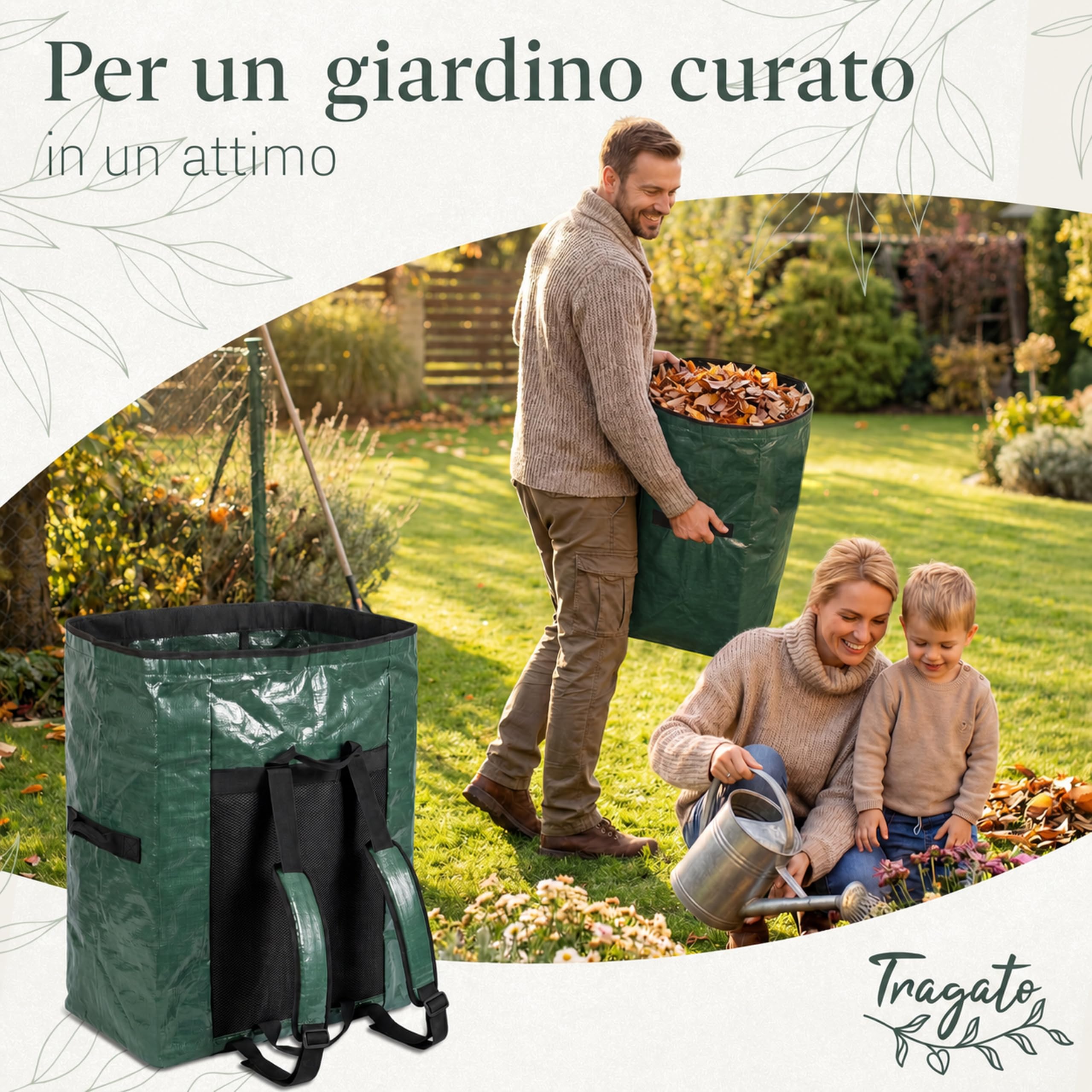 Sacco per Rifiuti da Giardino 115 L – Mani Libere, Autoportante | Mani libere col sistema di trasporto a zaino imbottito | 115 L | autoportante e riutilizzabile | tessuto PP resistente