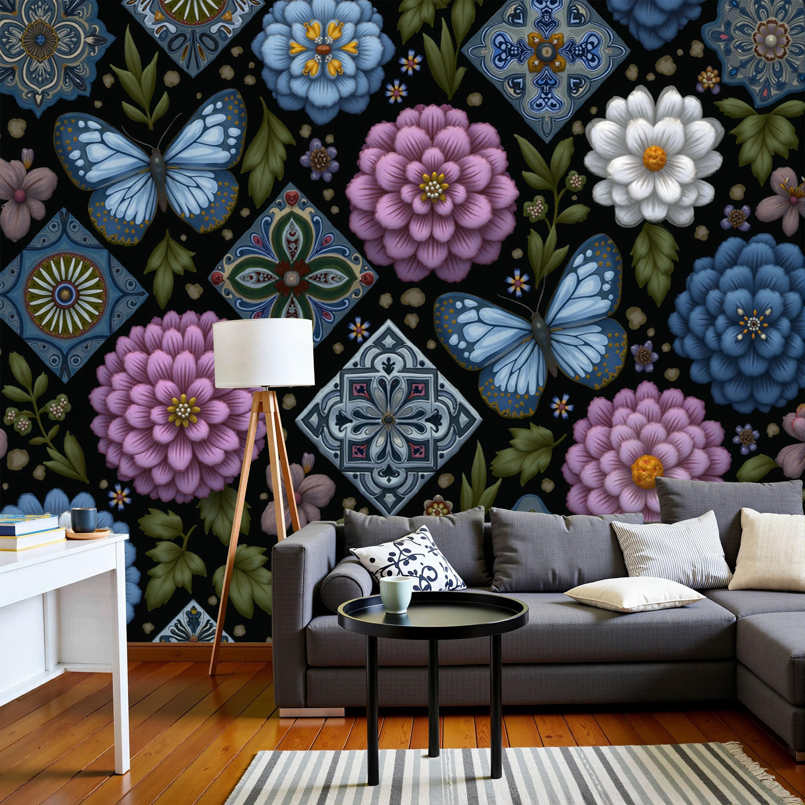Papier peint panoramique patchwork rétro bleu floral format 200x140