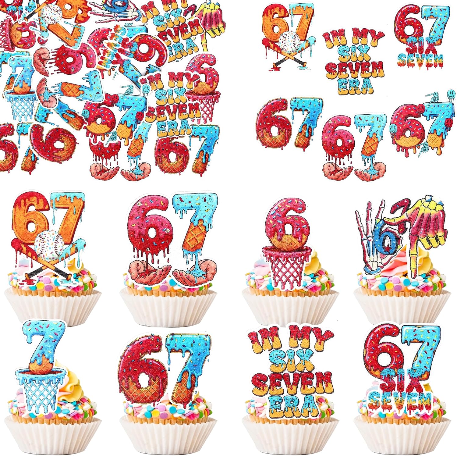 63 PCS Edible Six Seven Cupcake Toppers Funny 6 7 Party Decorations Edible Baseball Funny Six Seven Birthday Cake Decorations for Donut Ice Cream Meme Birthday Party Cake Decorations Supplies