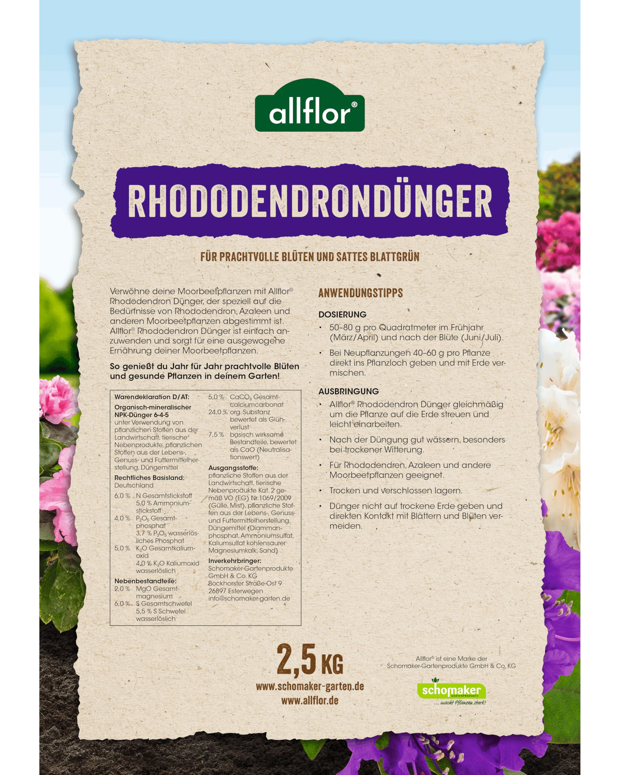 Allflor Rhododendrondünger I 10 x 2,5 Kg I Organisch-Mineralische Nährstoffkombination für Moorbeetpflanzen I Rhododendron Dünger in der Faltschachtel I Magnesium-betontes Düngemittel