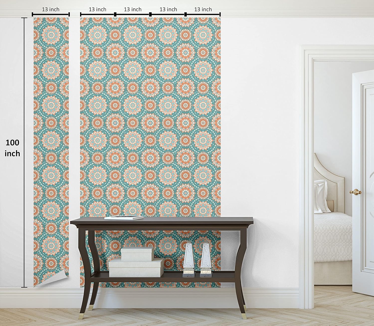 Ambesonne Lotus Peel & Stick Wallpaper for Home, Mandala Motifs of The Oriental Cultures with Bohemian Inspired Flower, Self-Adhesive Living Room Kitchen Accent, 13" x 100", Pale Blue Beige Peach