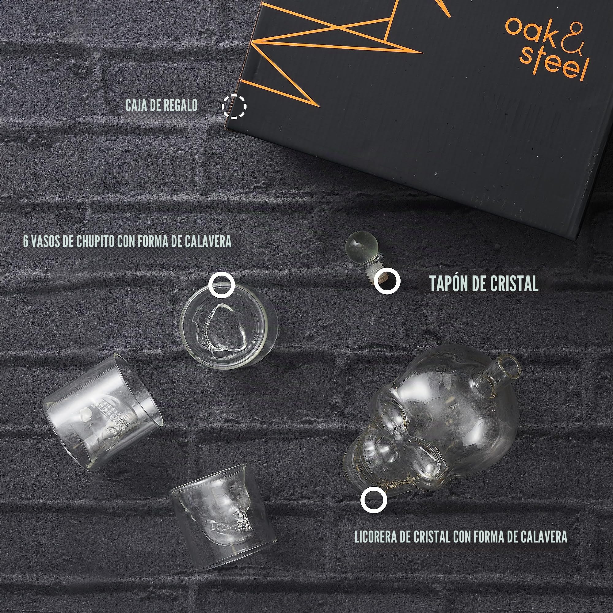 Decantador de Whisky de Cristal (700 ml) - Jarra de Calavera -Set Incluye 6 Vasos de Chupito Originales de Calavera, 75 ml