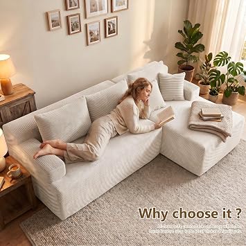 GRAVFORCE 235cm L-shaped Boneless Sofa 2-Piece Sectional Modular Sofa with Wide Armrest Cloud Corner Sofa for Living Room Bedroom Beige