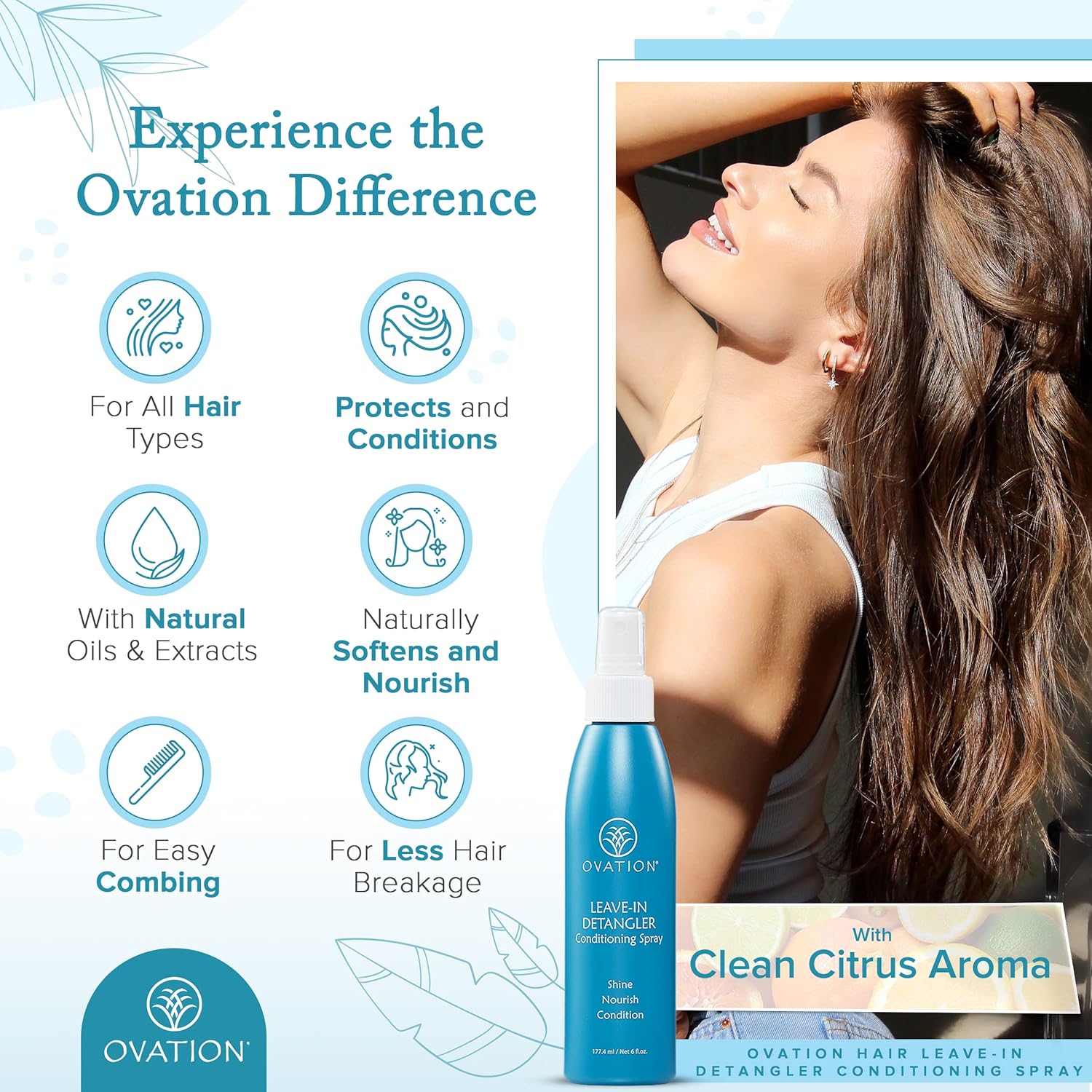 Ovation Hair Leave-In Detangler Conditioning Spray - Lightweight Hair Detangler Spray for All Hair Types - 6 oz - Adds Protection, Conditioning - No Sulfates or Parabens - w/Argan Oil, Fruit Extracts : Beauty & Personal Care