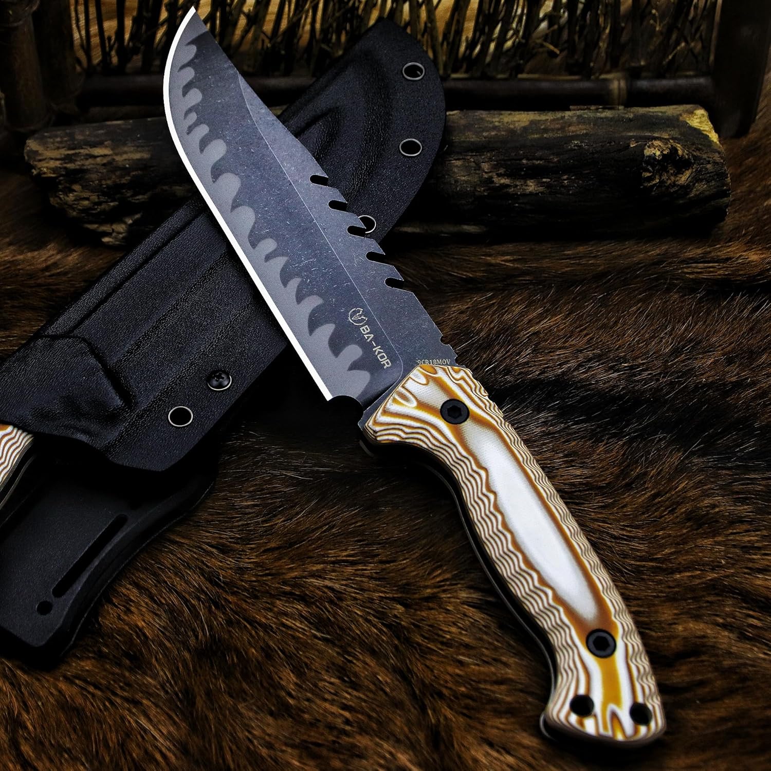 BA-KOR 12.4in Full Tang Fixed Blade Hunting Knife – 6mm 9CR18MoV Steel, G10 Handle, Stonewashed Sawback Blade with Kydex Sheath & Fire Starter for Outdoor, Camping, Survival (White and brown stripes)