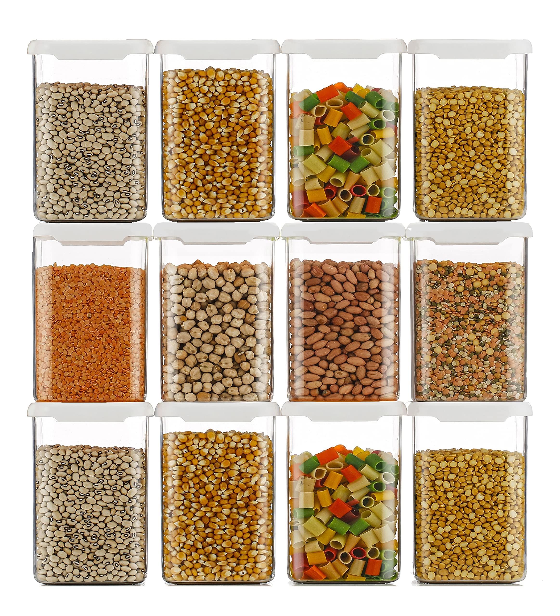 Machak Plastic Square Storage Kitchen Container Jar, (750ml), White (Set of 12)