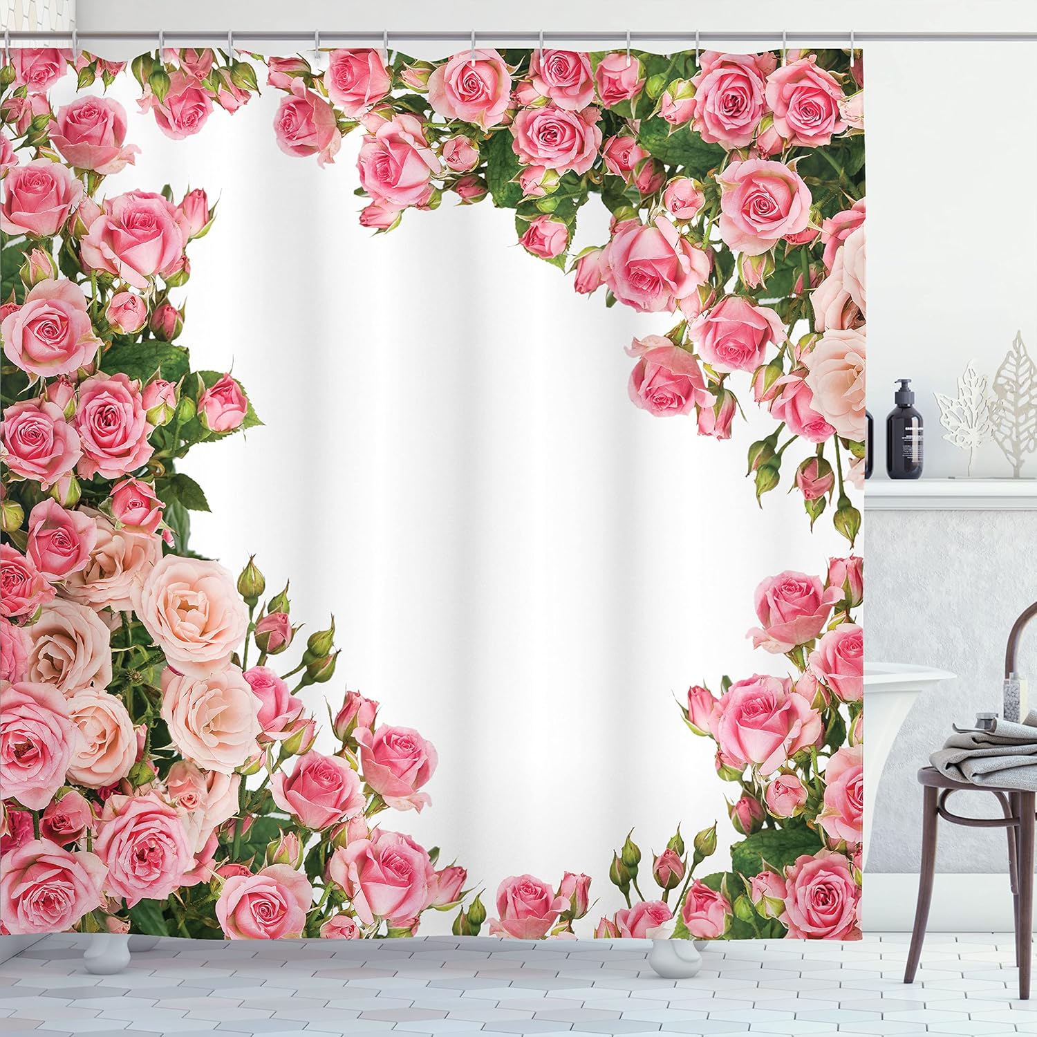 Ambesonne Rose Shower Curtain, Flower Bushes as a Frame Bridal Themed Elements Summer and Spring Occasions Illustration, Cloth Fabric Bathroom Decor Set with Hooks, 69" W x 75" L, Pink Green White