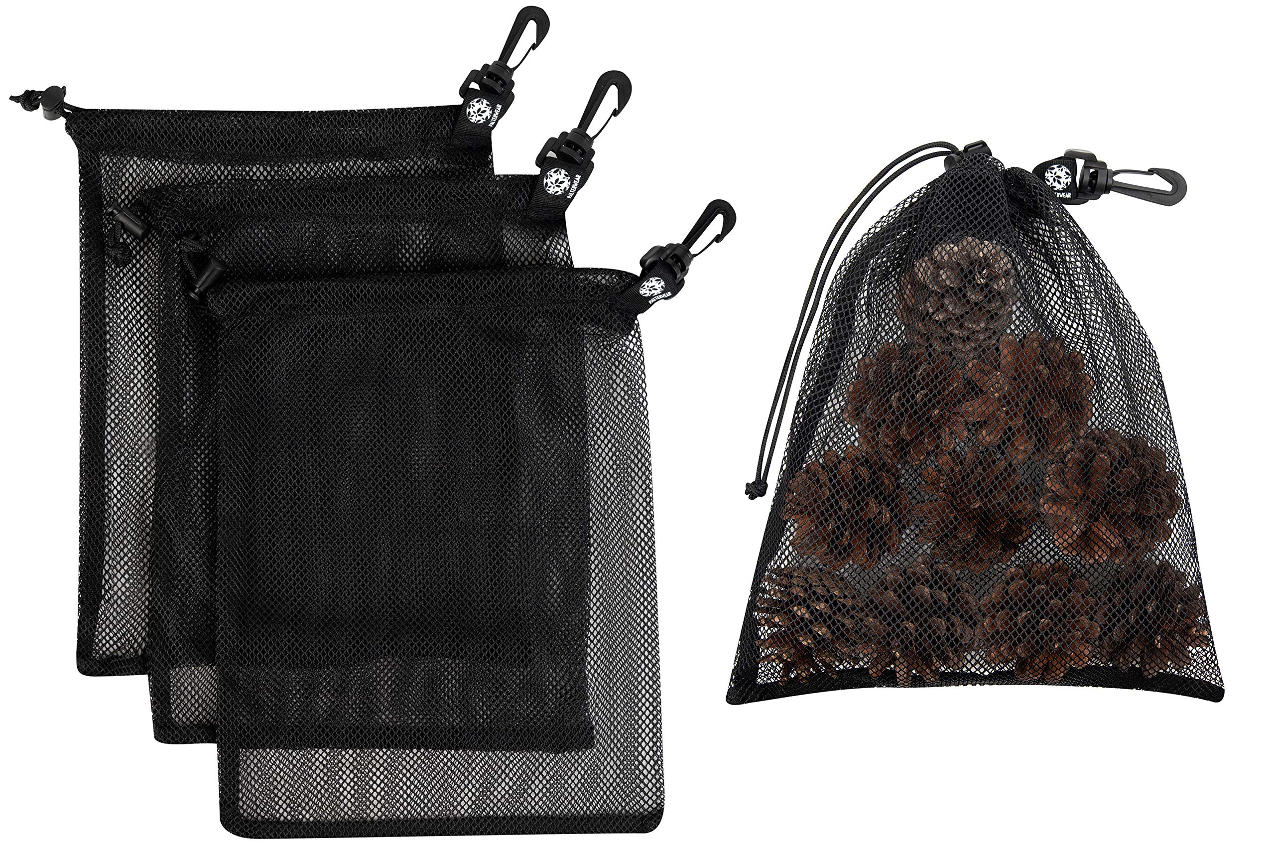 PALTERWEAR Mesh Bag with Clip and Toggle Closure (Set of 4, Black, 9 x 12 Inch) for Scuba, Scalloping, Camping, Multi-Use