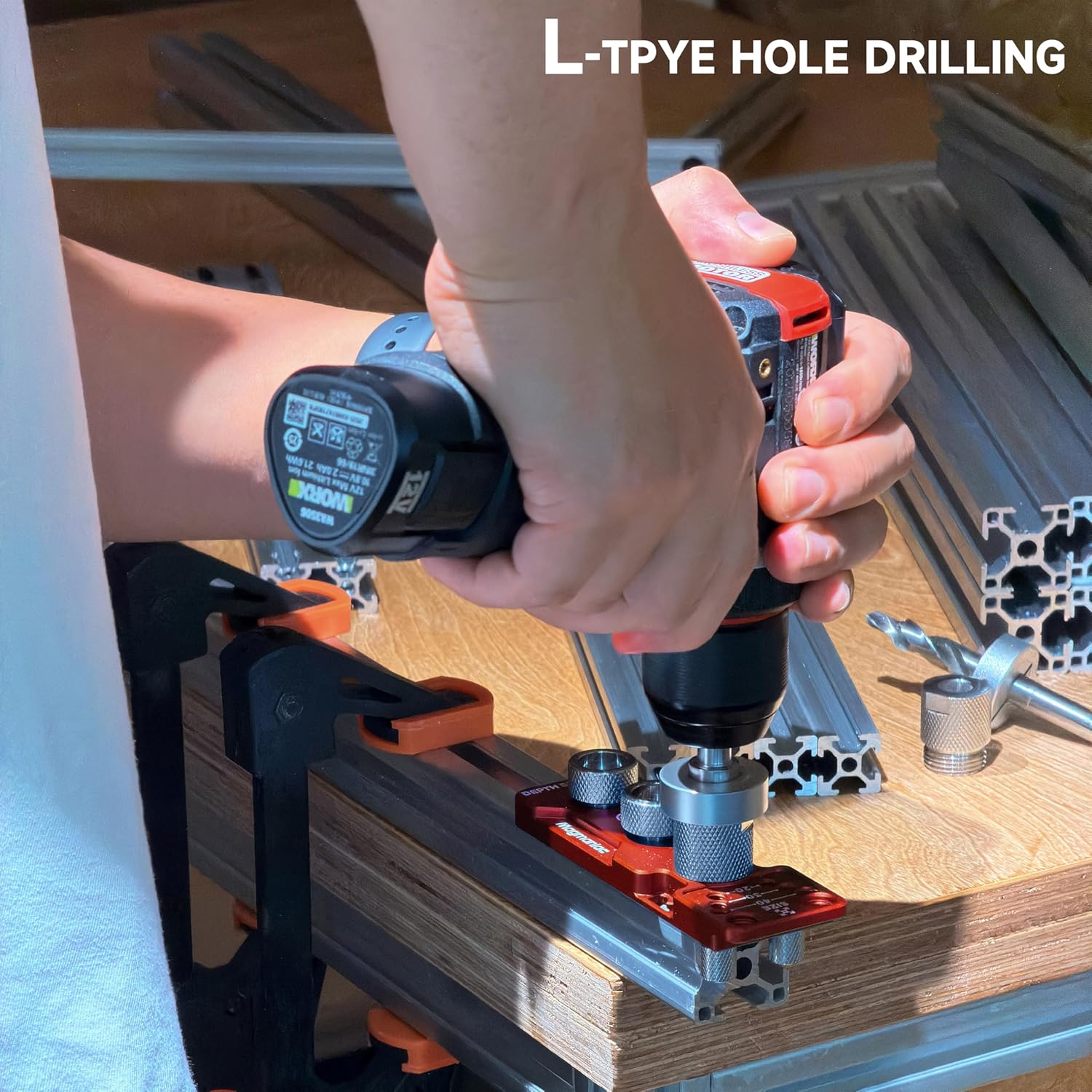 Upgrade Aluminum Profile Drill Guide Access Hole Drill Jig Step Drills, Drill Bushings Tapping Guide + Chamfer Tool, Ultimate Jig for Precision Aluminum T-Track Installation (Red-Black)