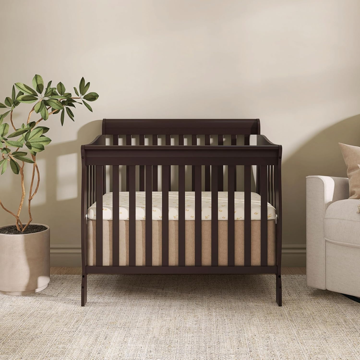 Dream On Me Aden 4-in-1 Convertible Mini Baby Crib, GREENGUARD Gold & BSA Certified, Sustainable Pinewood, Non-Toxic Finish, 3 Mattress Heights, Converts to Mini Day & Twin-Size Bed - Chocolate Chip