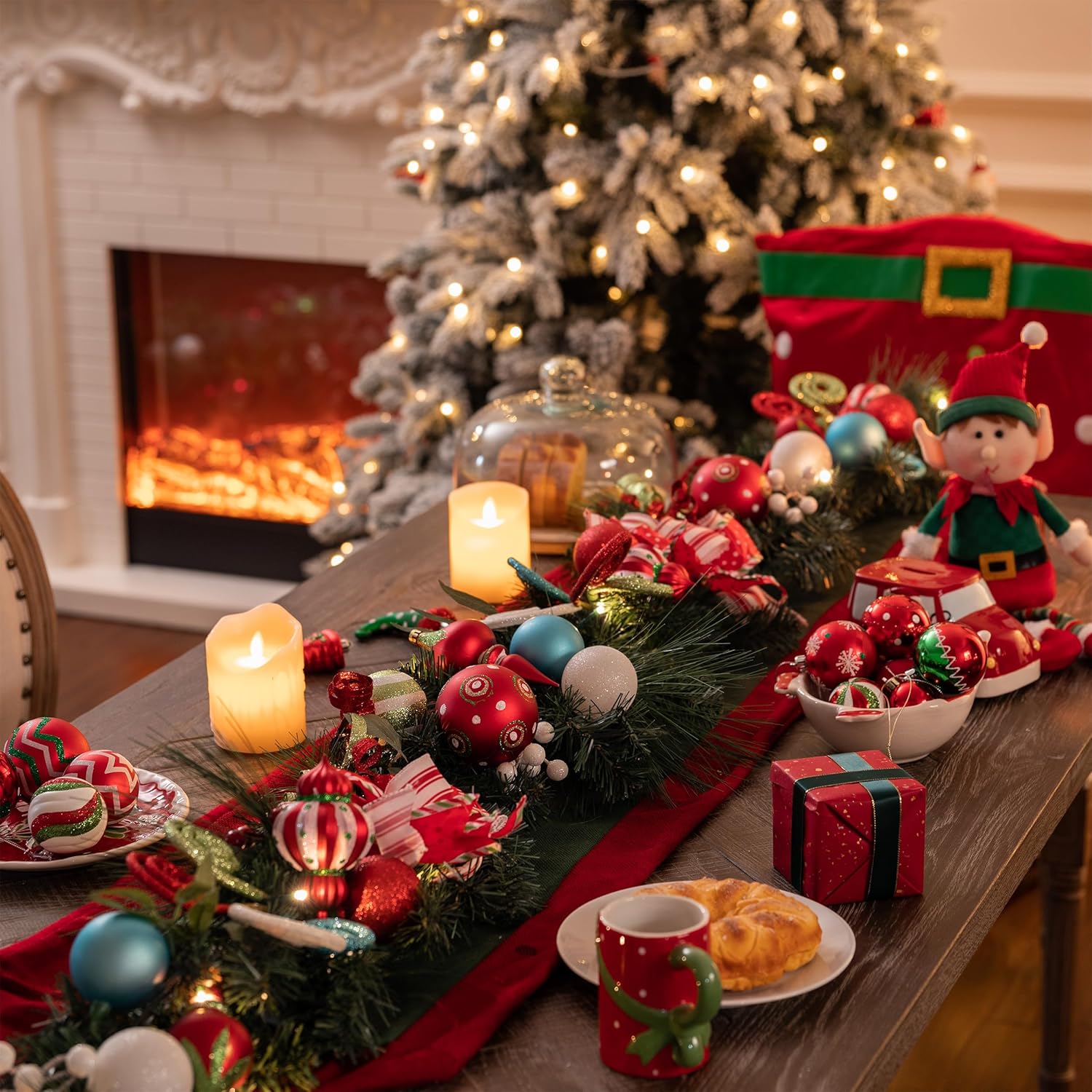Valery Madelyn 6 Feet Pre-Lit Christmas Garland with Lights for Mantle, Lighted Outdoor Xmas Garland with Multi-Colored Balls & Bows for Home Stairs Fireplace Table Centerpiece Indoor Holiday Decor