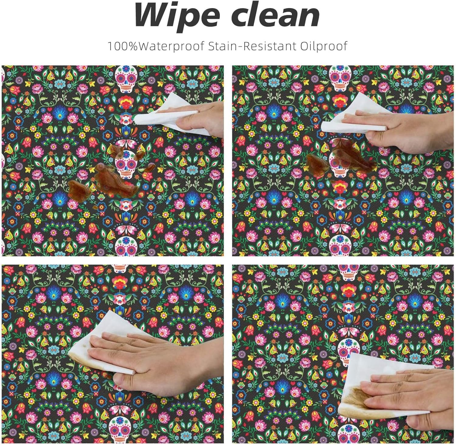Sugar Horror Skull and Flowers Print Outdoor Patio Kitchen Decor Supplies Wipeable Round Table Cloth for Indoor Outdoor