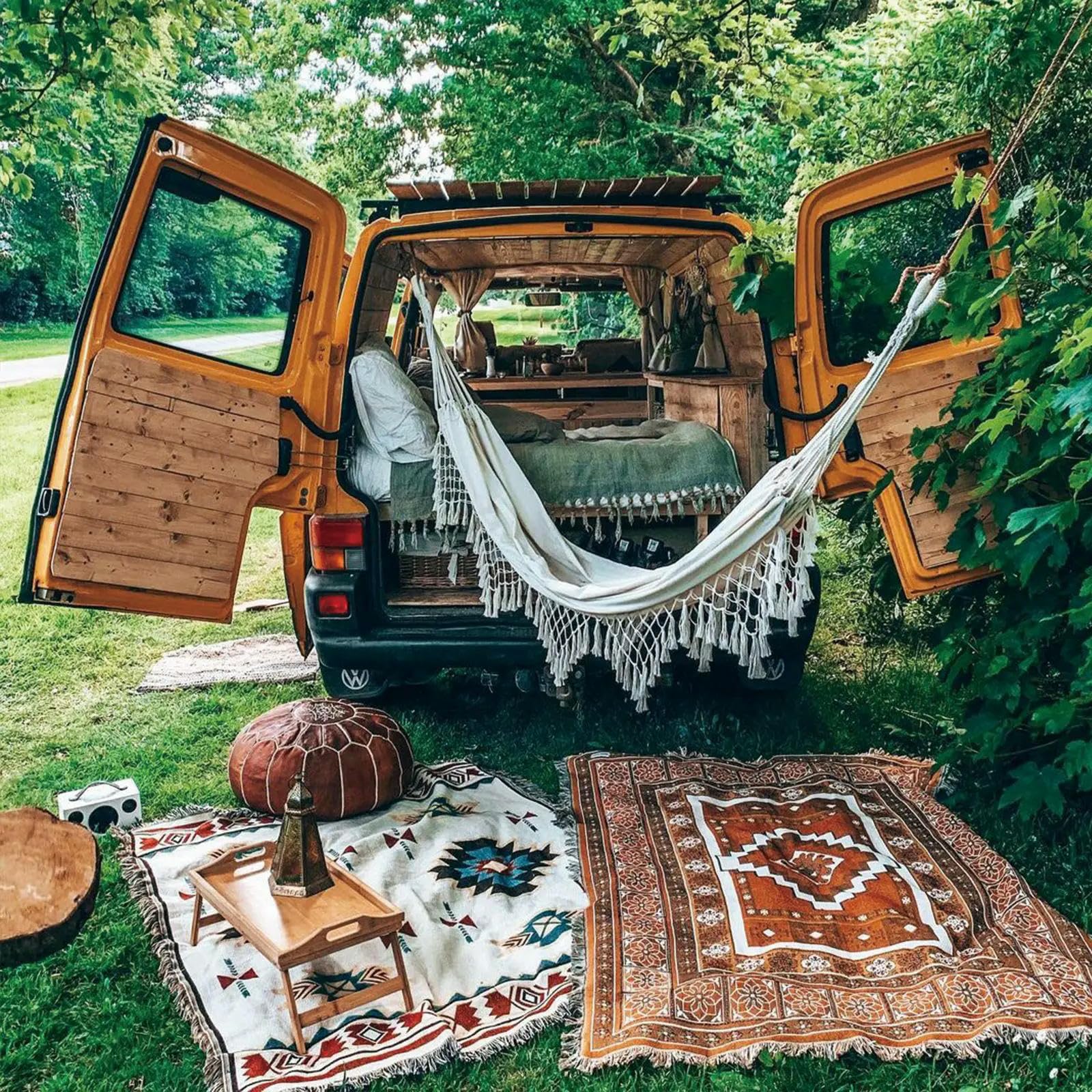 Leinendecken, Outdoor-Teppiche, Camping-Picknickdecke, Boho-dekorative Bettdecken, Karierte Sofamatten, Reiseteppich, Quasten