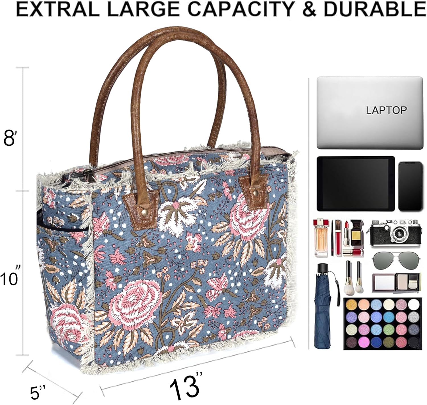 CREATIVE LEATHER ART Boho Floral Canvas Tote Bag with Zipper – Large Capacity Handbag with Phone & Wallet Pockets, Fits 13" Laptop – Vintage Shoulder Bag for Women