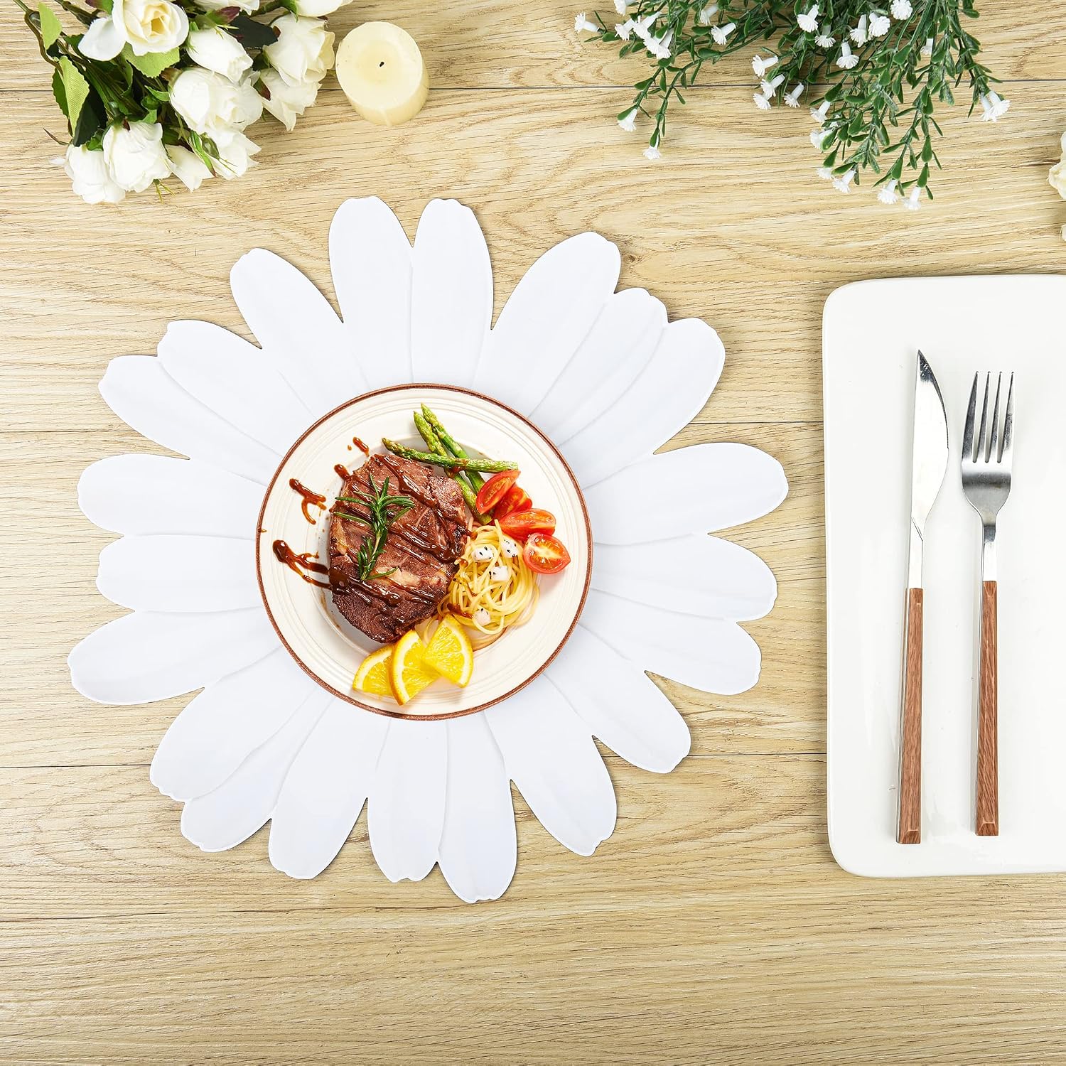 50 Pcs Daisy Floral Disposable Paper Place Mats Flower Shaped Cutouts | 13”x 13”, Flower Chargers Table Mat, Daisy Sunshine Placemats for Table Setting Wedding Bridal Baby Shower Party Supplies