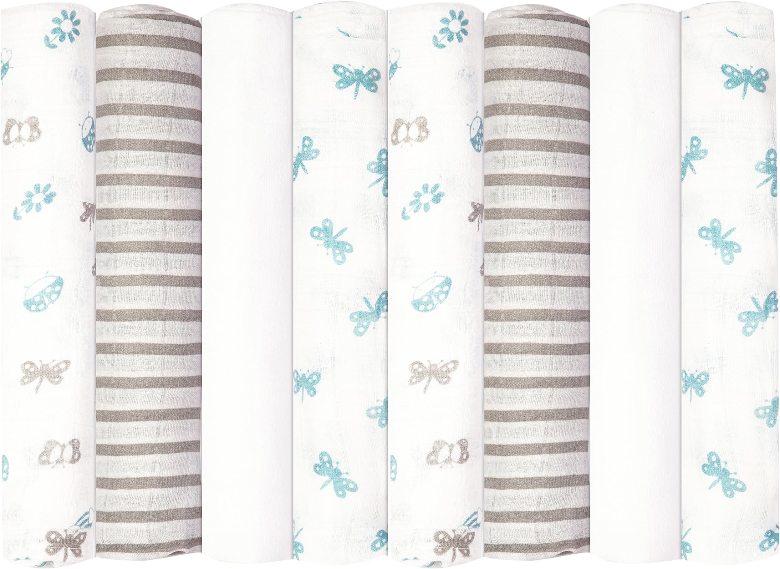Babykin Organic Cotton Muslin Swaddle Blankets, Bug's Life (Blue), 8 Piece Pack