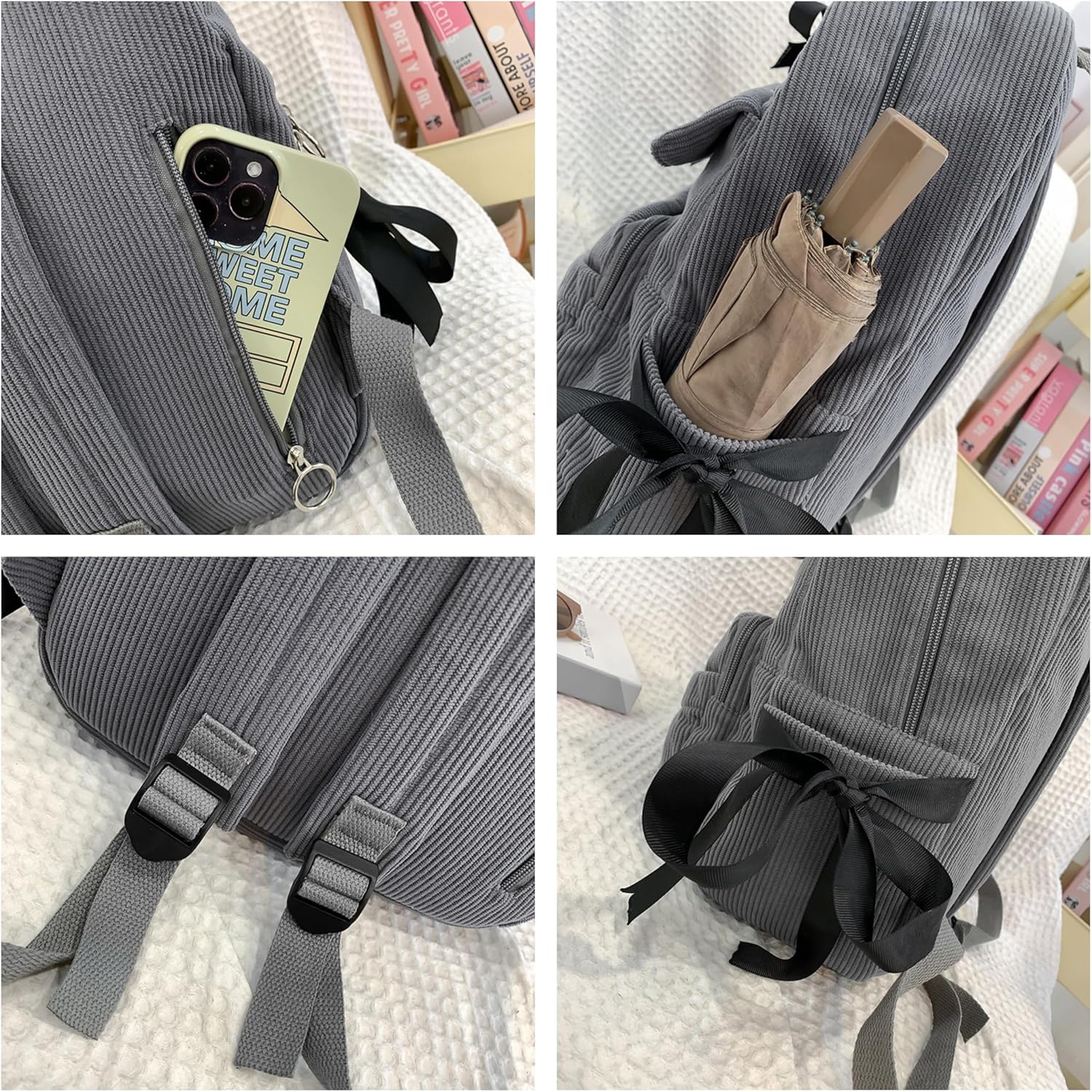 Cute Coquette Corduroy Backpack Bow Tie Large Korean Travel Book Bag College Aesthetic Preppy Daypack for Women (Black) - Image 4