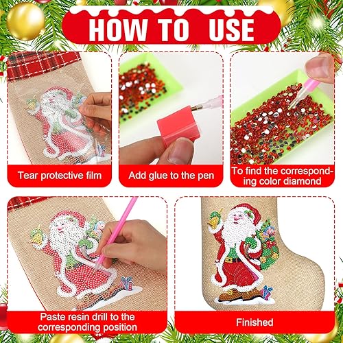 Miniatura 7 de Glimin 9 juegos de calcetines de arte de diamantes de Navidad 5D para bricolaje, calcetines de Navidad, muñeco de nieve, Papá Noel, árbol de