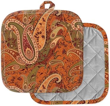 [Pack of 2] Pot Holders for Kitchen, Washable Heat Resistant Pot Holders, Hot Pads, Trivet for Cooking and Baking Orange Paisley Design