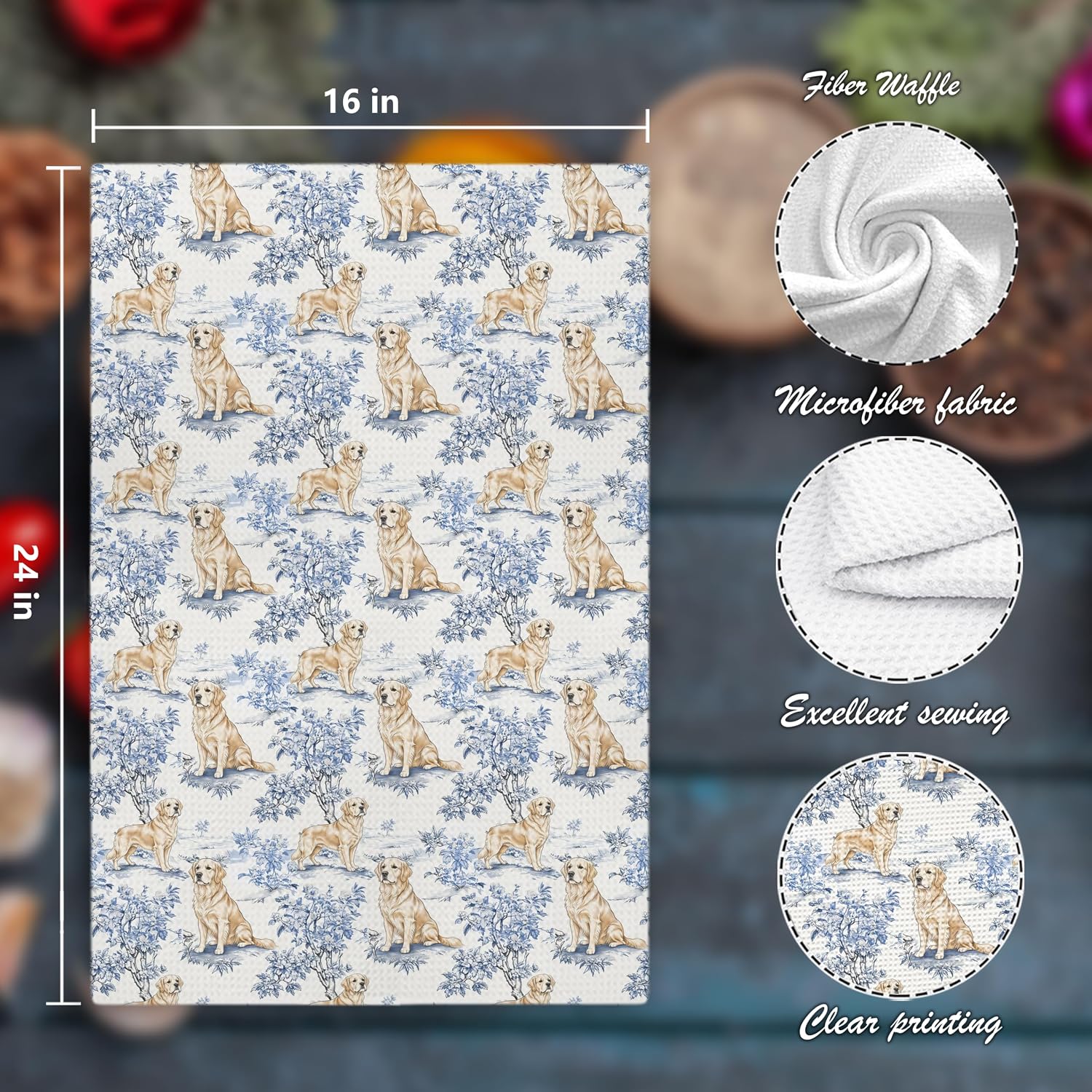 Chinoiserie Golden Retriever Dog Kitchen Towels,16x24 Inch image 2