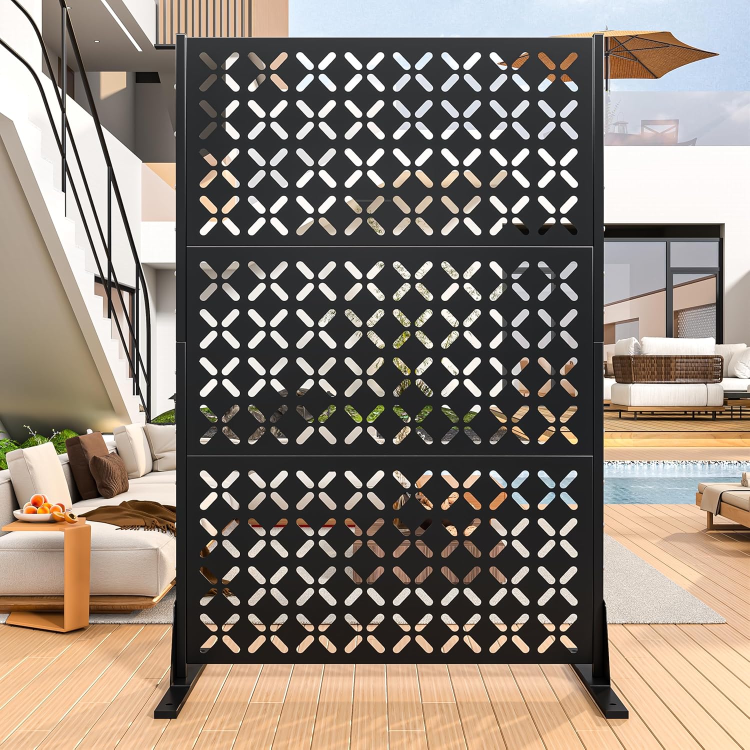 erosoei Metal Privacy Screen Outdoor, 72" H Freestanding Privacy Fence with Sturdy Stands, Decorative Privacy Panels Shield for Courtyard, Balcony, Garden and Other Indoor Places(X-Shaped-Fence)