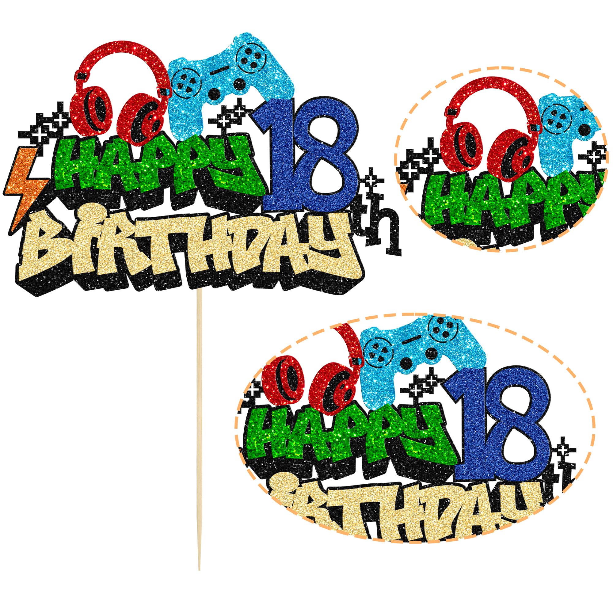 Gyufise 1Pcs Happy 18th Birthday Cake Topper Glitter Video Game Cake Pick Game On Controllers Eighteen Cheers to 18 Years Cake Decoration for Game Theme Happy 18th Birthday Party Supplies 2