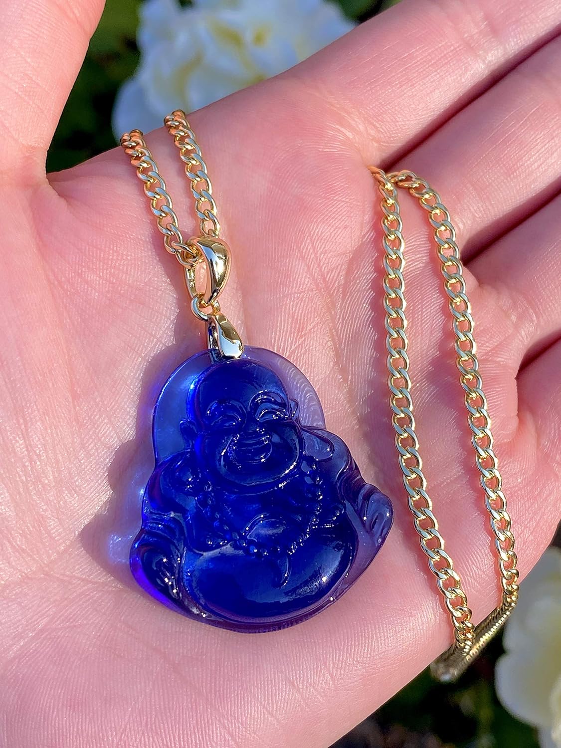 Happy Laughing Buddha Blue Jade Pendant Necklace Cuban Chain Genuine Certified Grade A Jadeite Jade Hand Crafted, Jade Necklace, 14k Gold Filled Laughing Jade Buddha necklace, Jade Medallion