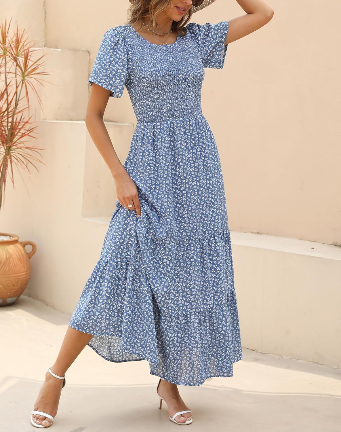 Kranda Women 2025 Summer Fall Crewneck Short Sleeve Smocked Floral Maxi Dress
